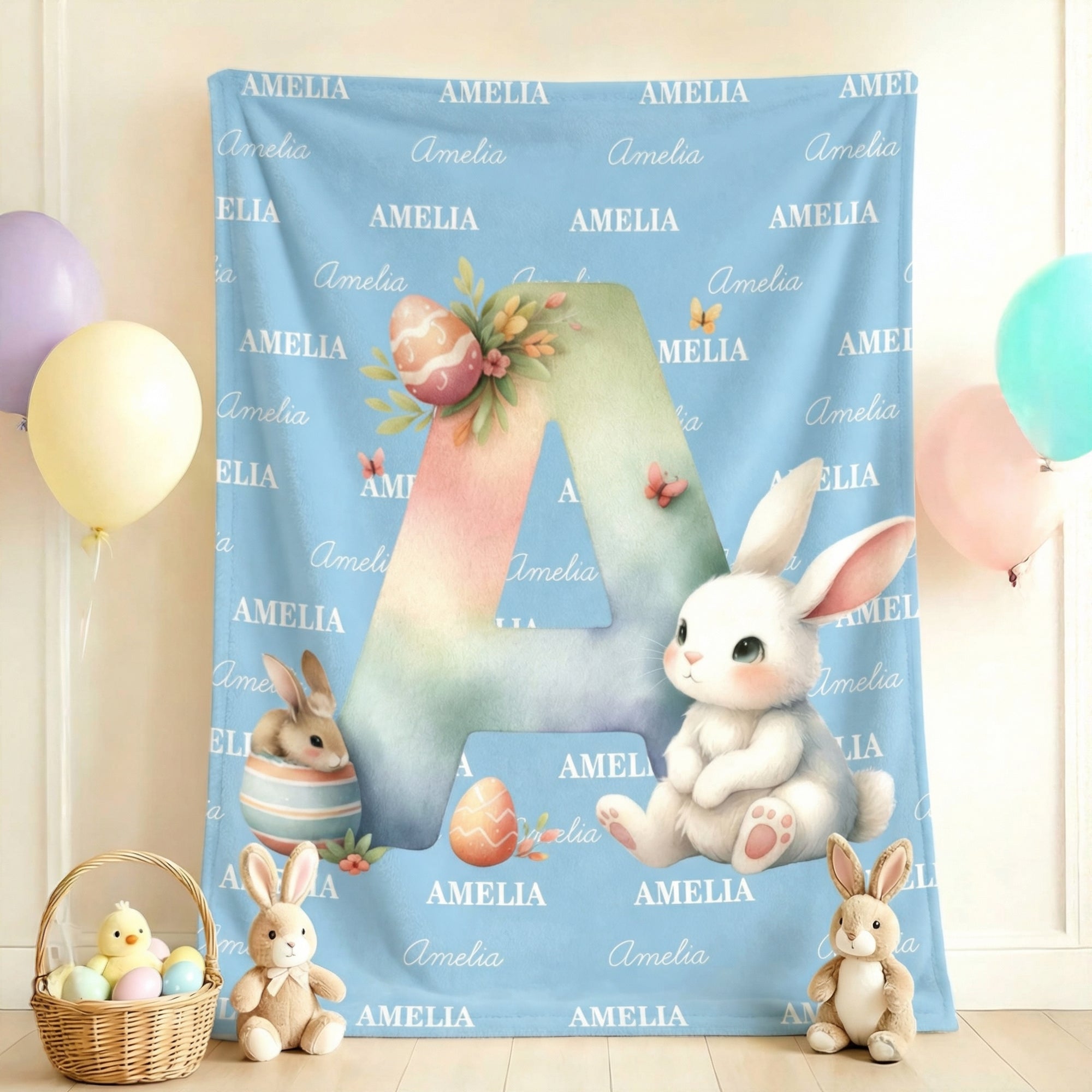 Conejito de Pascua personalizado Huevo de Pascua Manta suave con nombre e inicial Decoración del hogar Fiesta de Pascua Regalo para niños