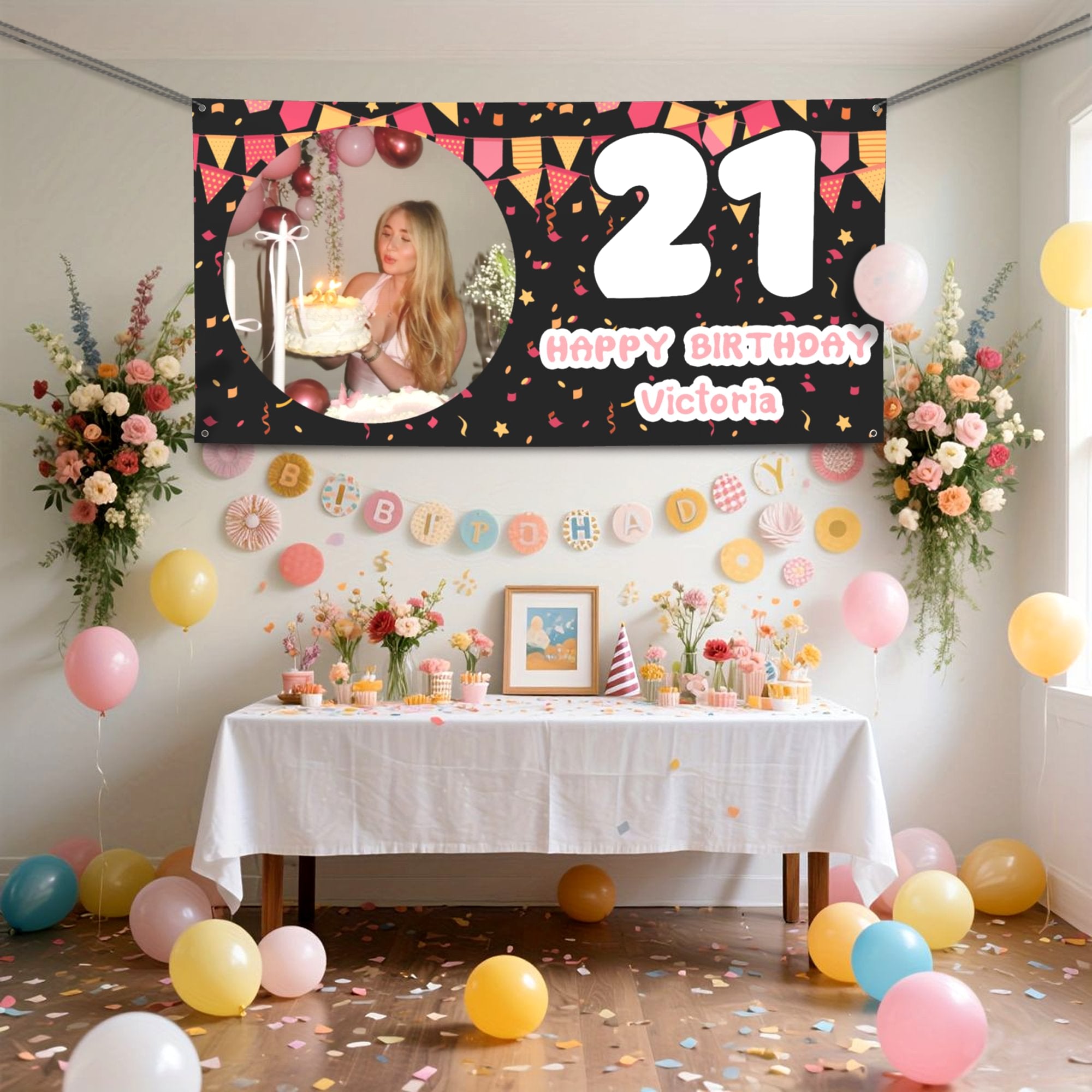 Banderas Personalizadas Cintas Foto Cumpleaños Banner con Edad y Nombre Decoración de Fiesta Regalo de Cumpleaños para Amigos Familia