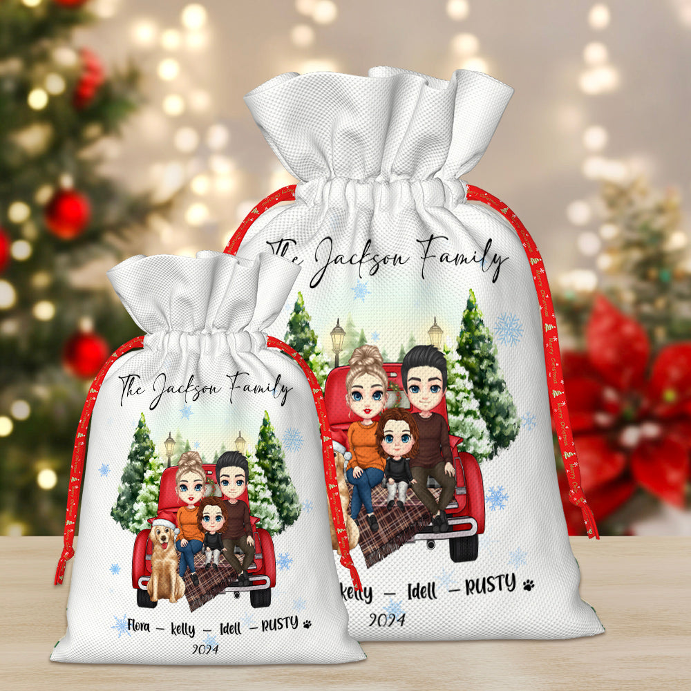 Personalizada Familia Perro Cartoon Personaje Drawstring Bolsa de Regalo con el Título Nombre y Año Nochebuena Fiesta de Favores para la Familia
