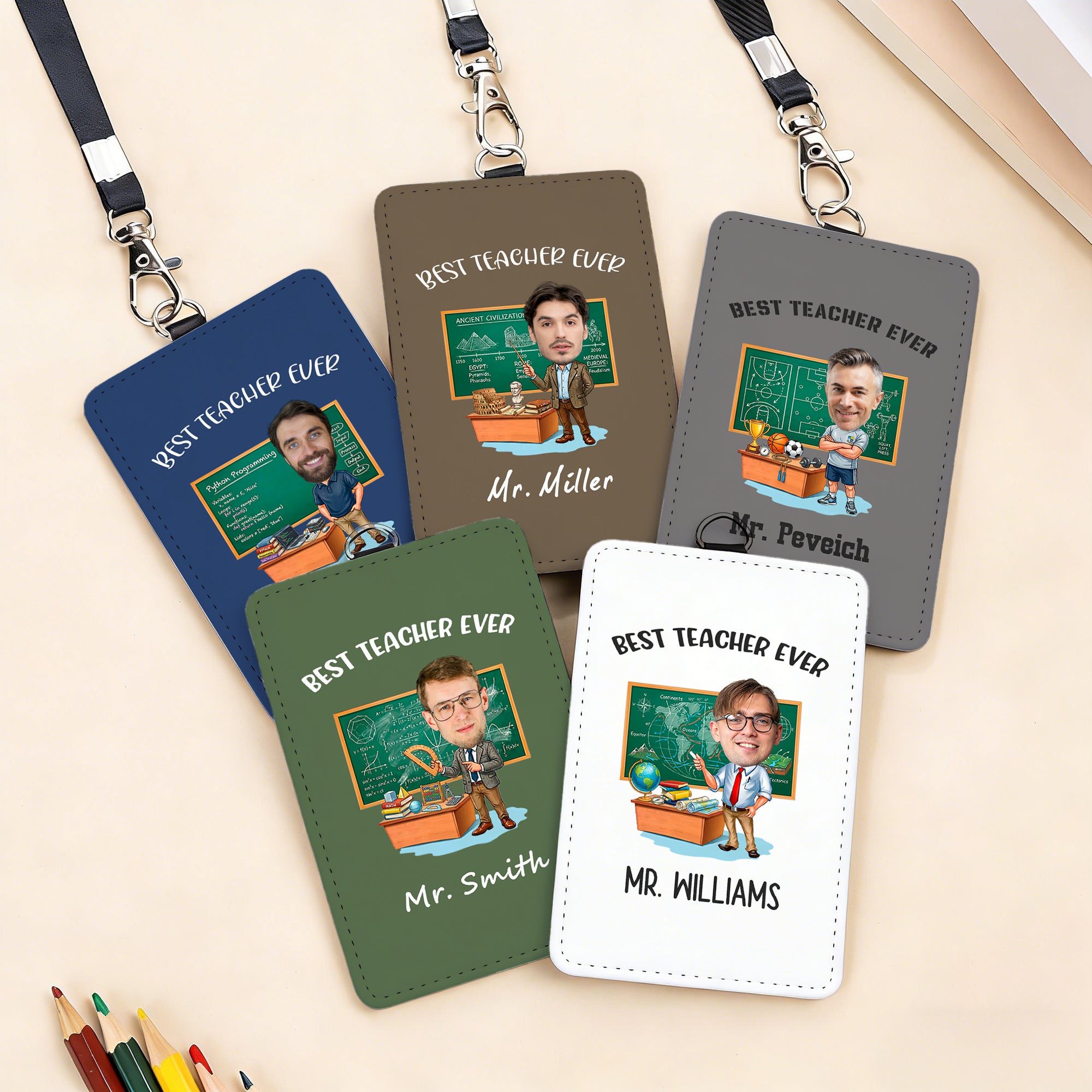 Porta tarjeta de identificación con foto personalizada para profesor masculino con hebilla colgante y texto Regalo de uso diario para profesores masculinos en el Día del Profesor