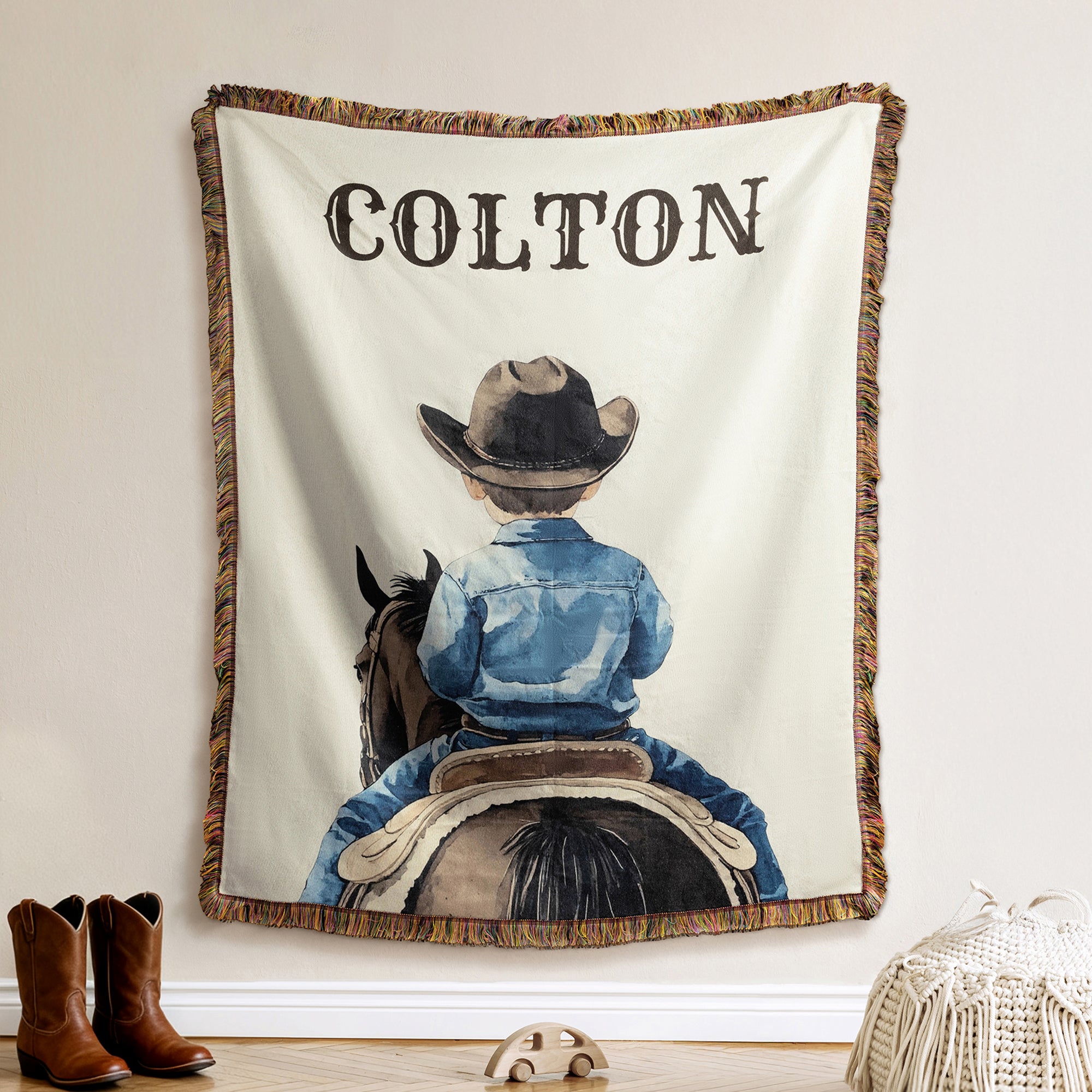Personalizada Vaquero Vaquera Borla Suave Manta de Punto con Nombre Decoración del Hogar Cumpleaños Regalo de Navidad para Niños Bebé