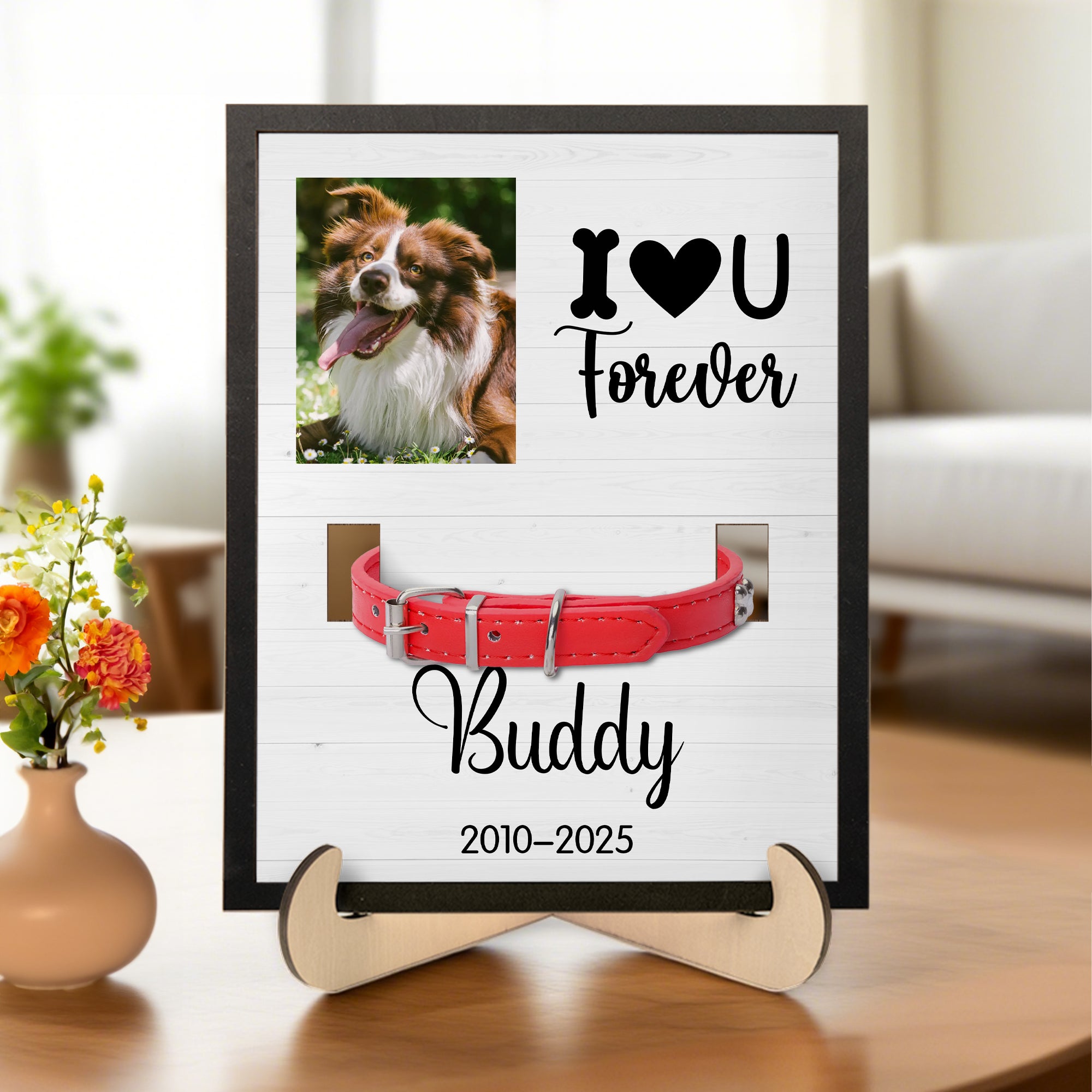 Marco de madera para collar personalizado con base y nombre I Love You Forever Pet Photo Design Pet Loss Memorial Sympathy Gift for Pet Lovers