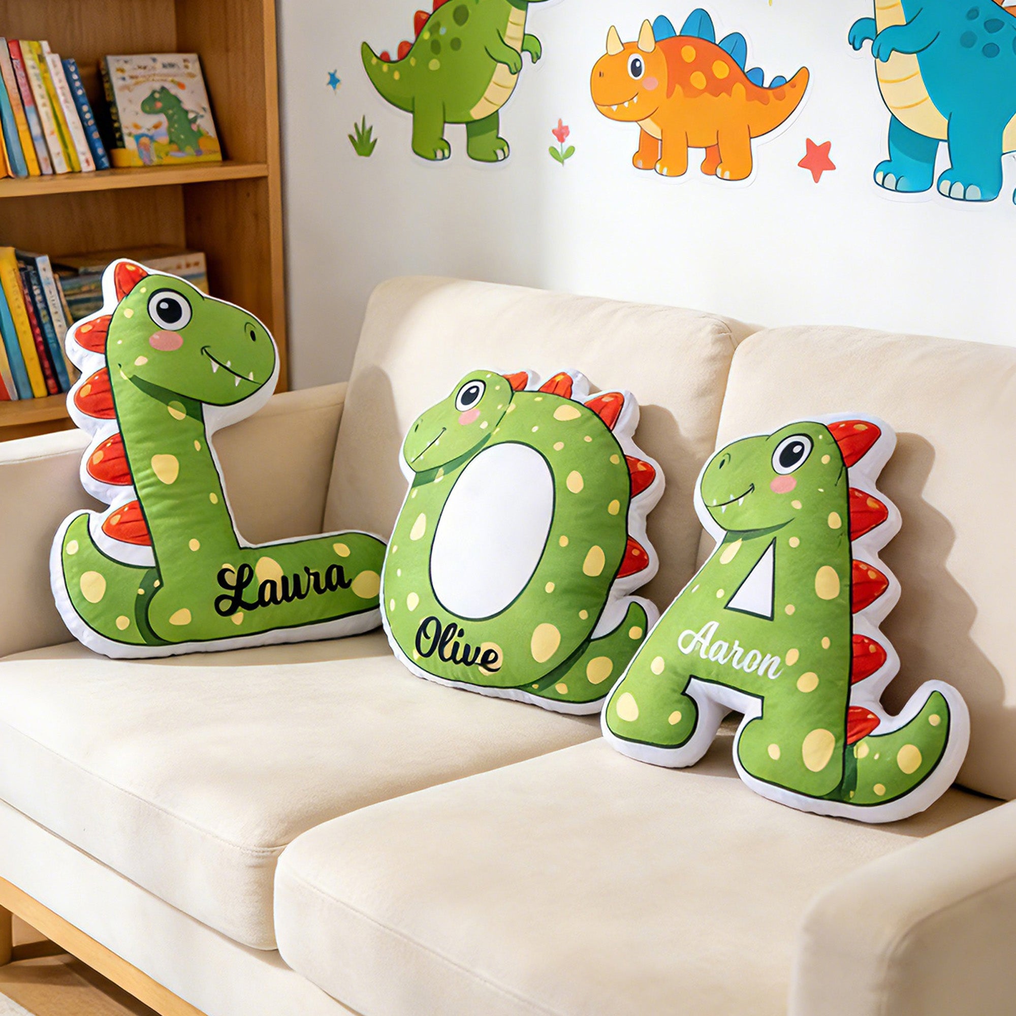 Personalizado lindo dinosaurio inicial suave almohada con nombre decoración del hogar regalo de cumpleaños para niños niñas