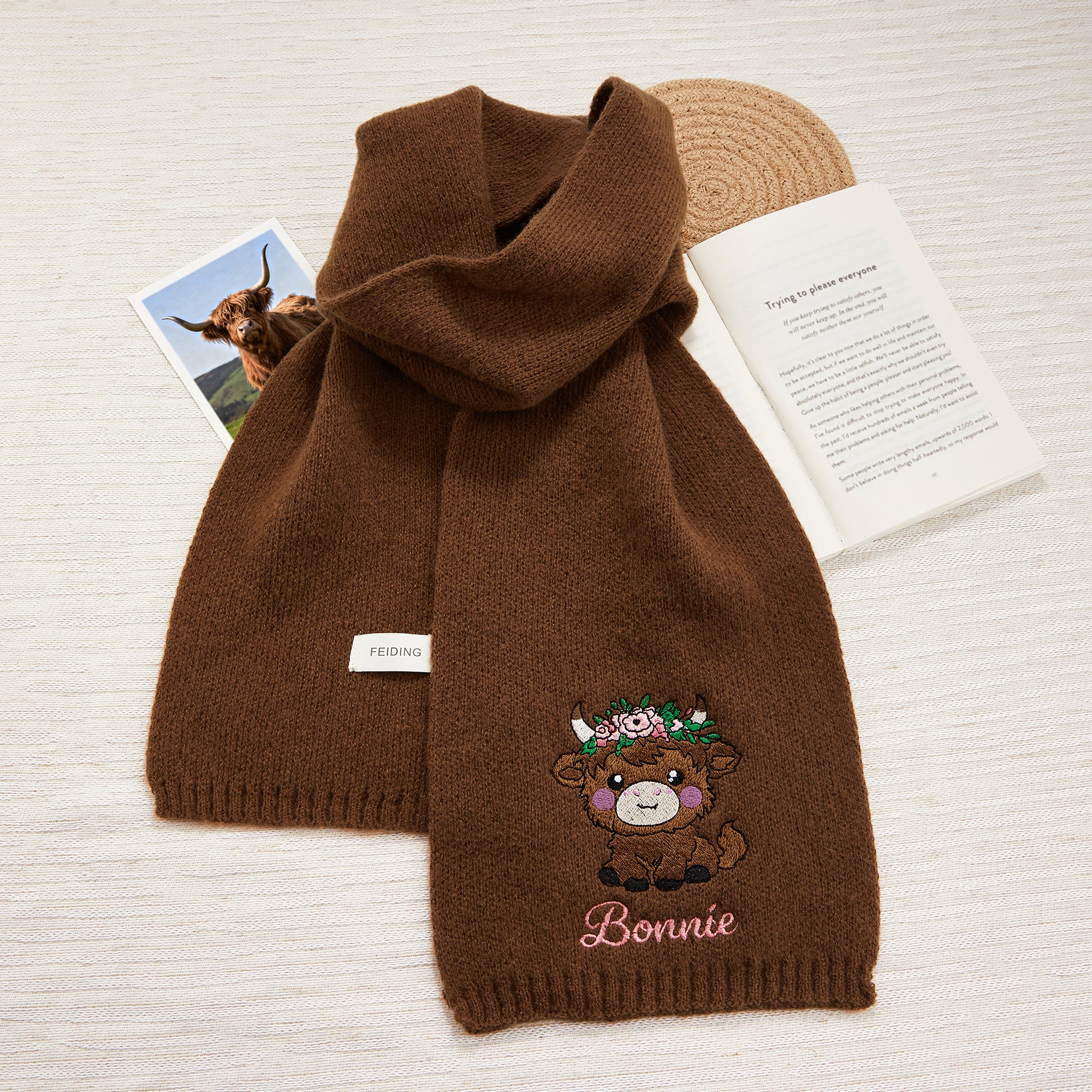 Bufanda Personalizada Bordada Multicolor Vaca de las Tierras Altas Suave y Cálida con Nombre Accesorios de Invierno Regalo de Cumpleaños para Amante de las Vacas de las Tierras Altas