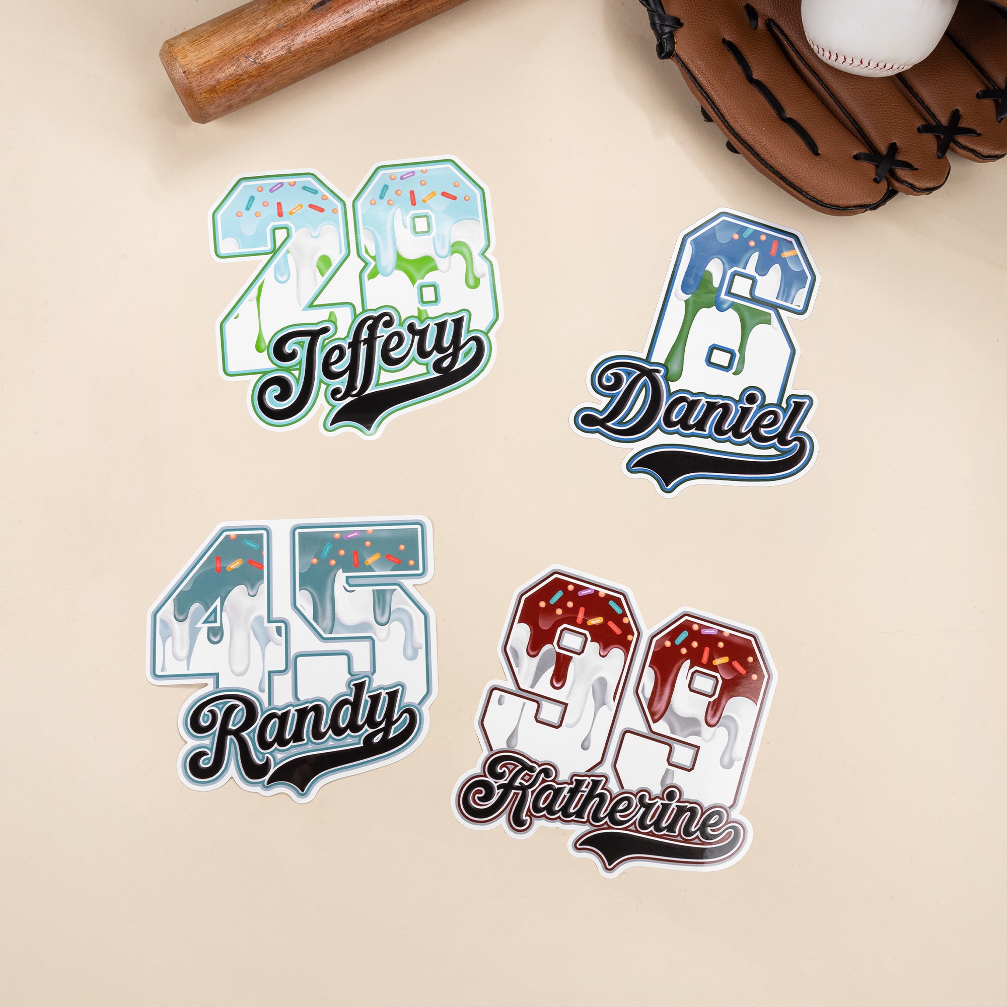 Pegatinas de helado de béisbol personalizadas multicolor con nombre y número Regalo de cumpleaños para los amantes del béisbol
