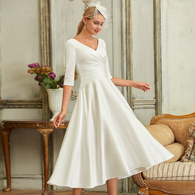 Bridal Wedding Dress Ivory 1 2 Sleeve Short V-Neck A-line Satin
