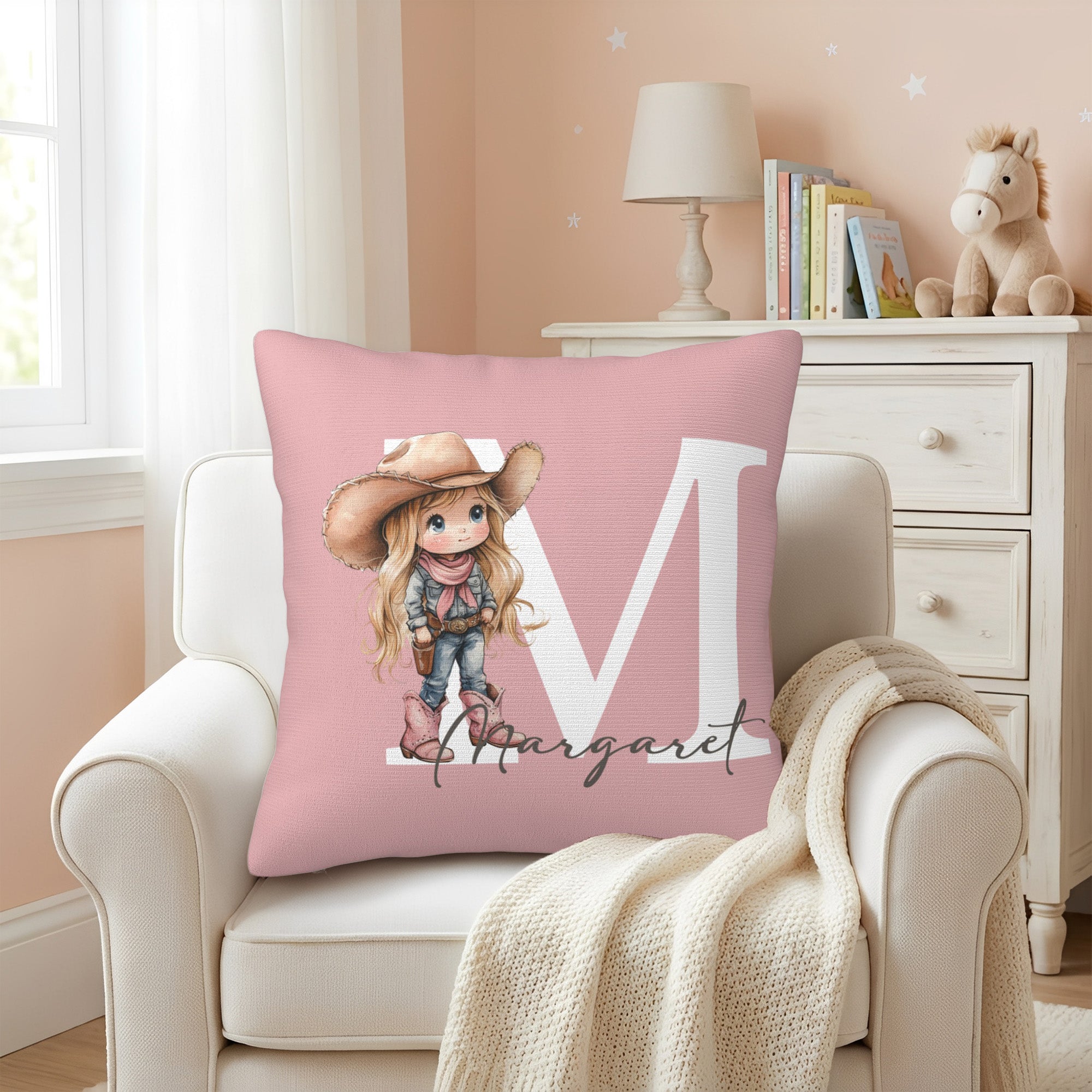 Funda de almohada personalizada con nombre e inicial de vaquero vaquera de dibujos animados Decoración del hogar Regalo de cumpleaños para niños Niñas