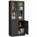 Modern Glass-Door Bookcase with Adjustable Shelves and Open Counter, Black