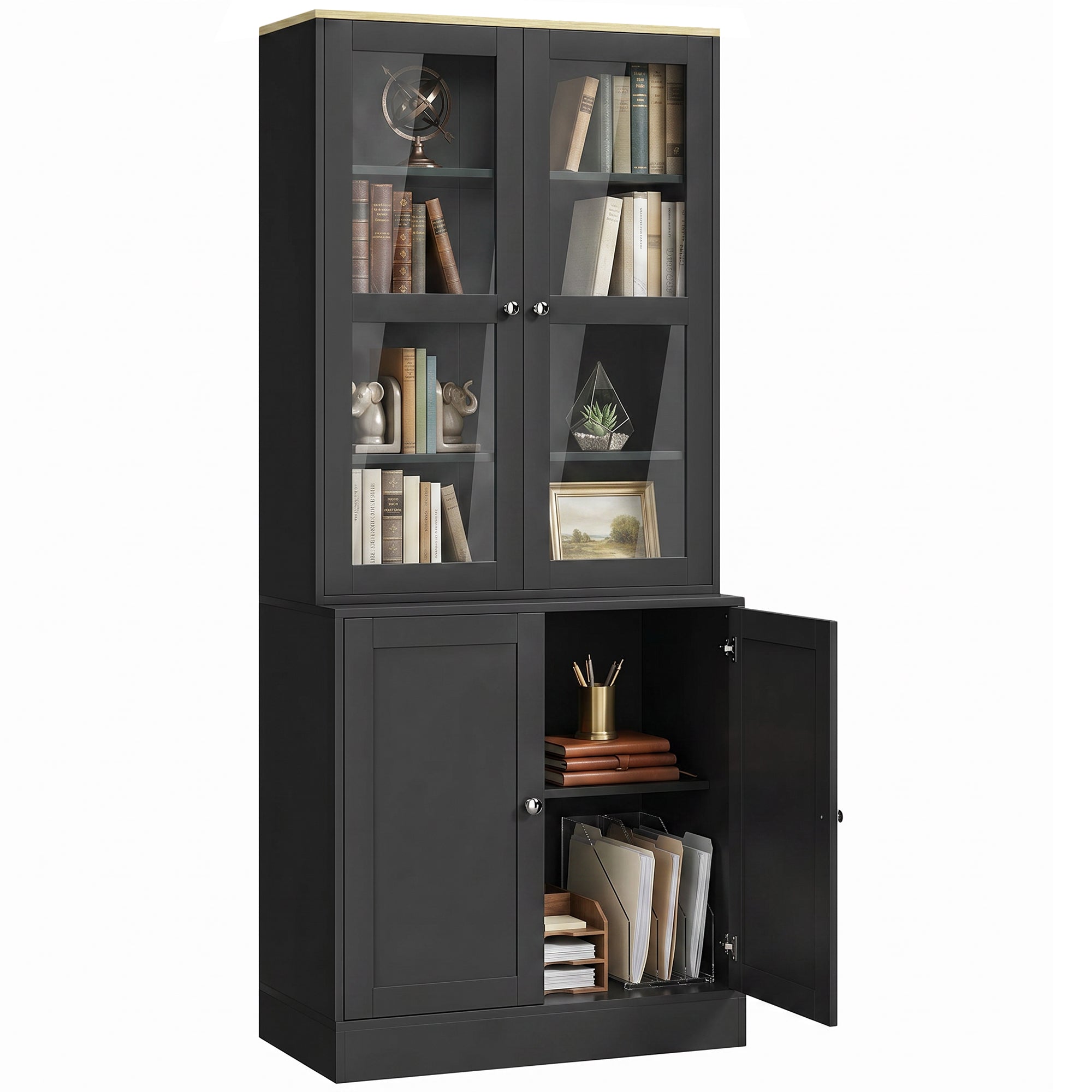 Modern Glass-Door Bookcase with Adjustable Shelves and Open Counter, Black