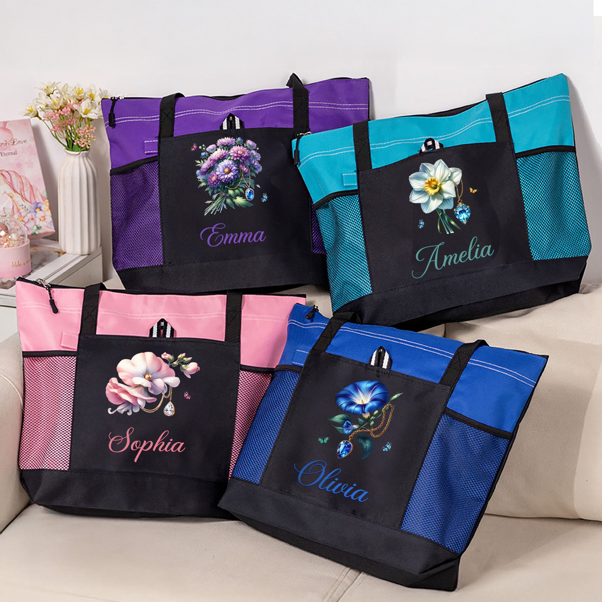 Personalizada Flor de Nacimiento Piedra Preciosa Bolsa Grande con Nombre y Bolsillos de Malla Uso Diario Viaje Cumpleaños Regalo para Mujeres