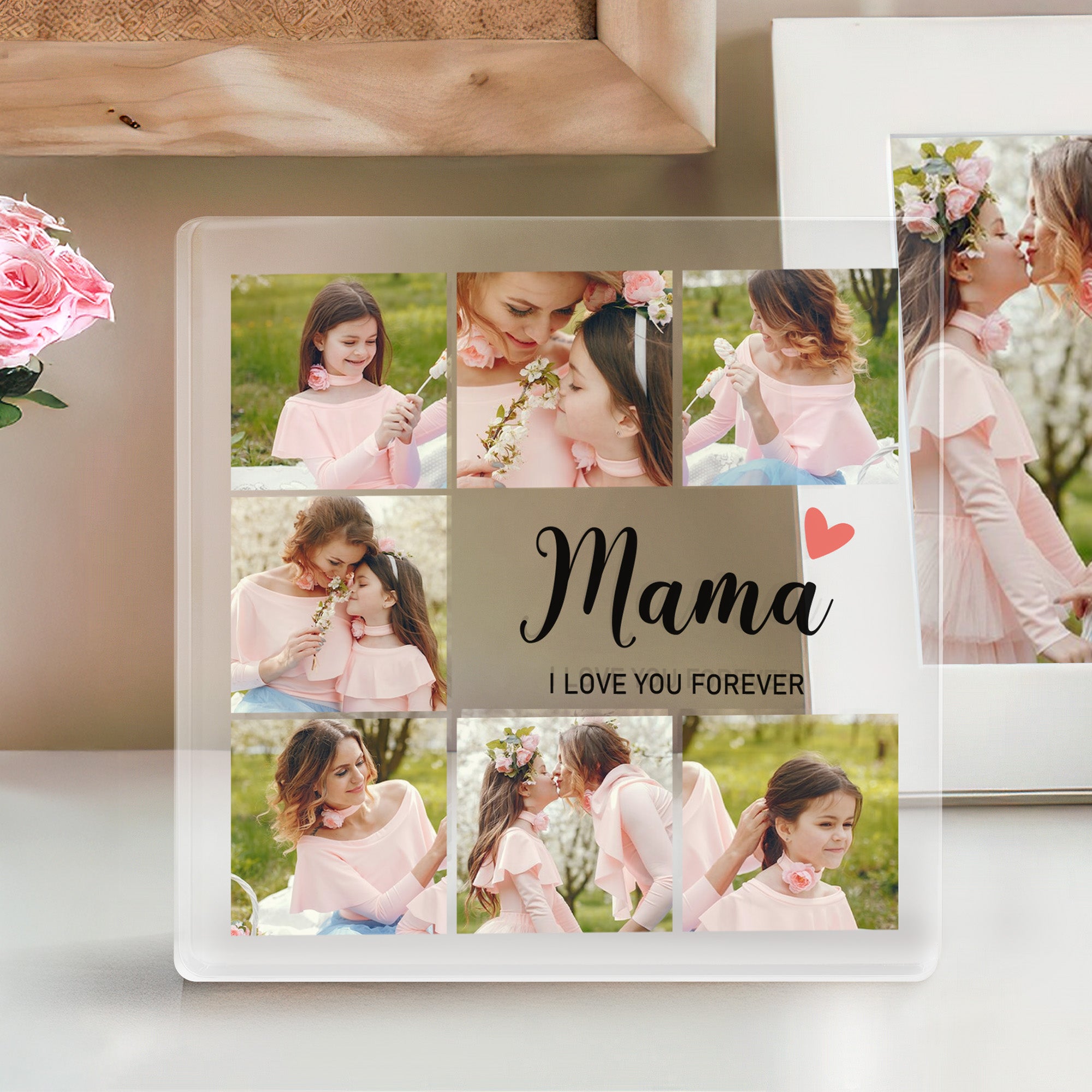 Placa acrílica cuadrada personalizada con 7 fotos de familia con título y texto Decoración del hogar Día de la madre Cumpleaños Regalo para mamá Abuela