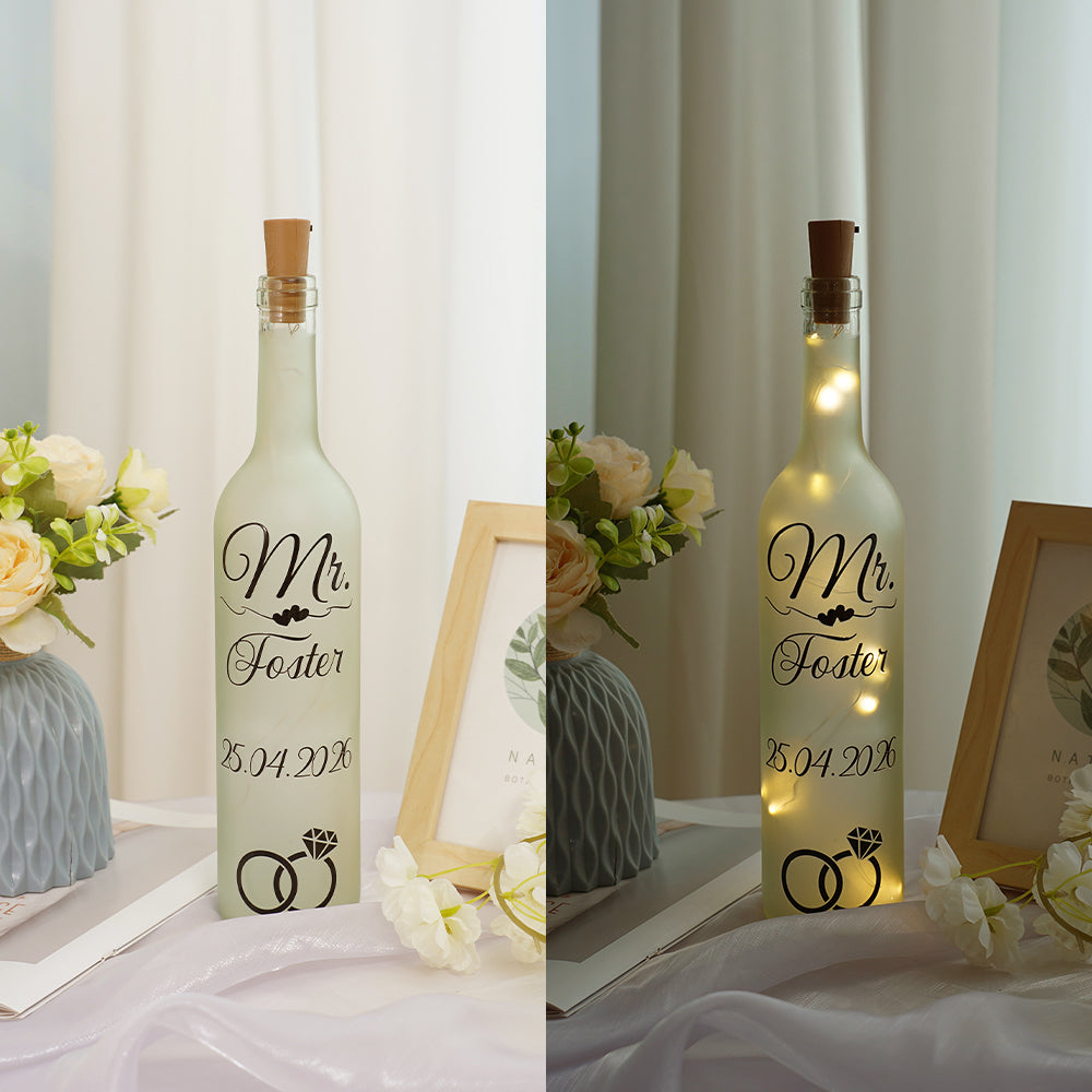 Personalizado Sr. Sra. Pareja Anillos LED Botella Lámpara con Apellido y Fecha Día de San Valentín Boda Compromiso Regalo para Pareja Recién Casados