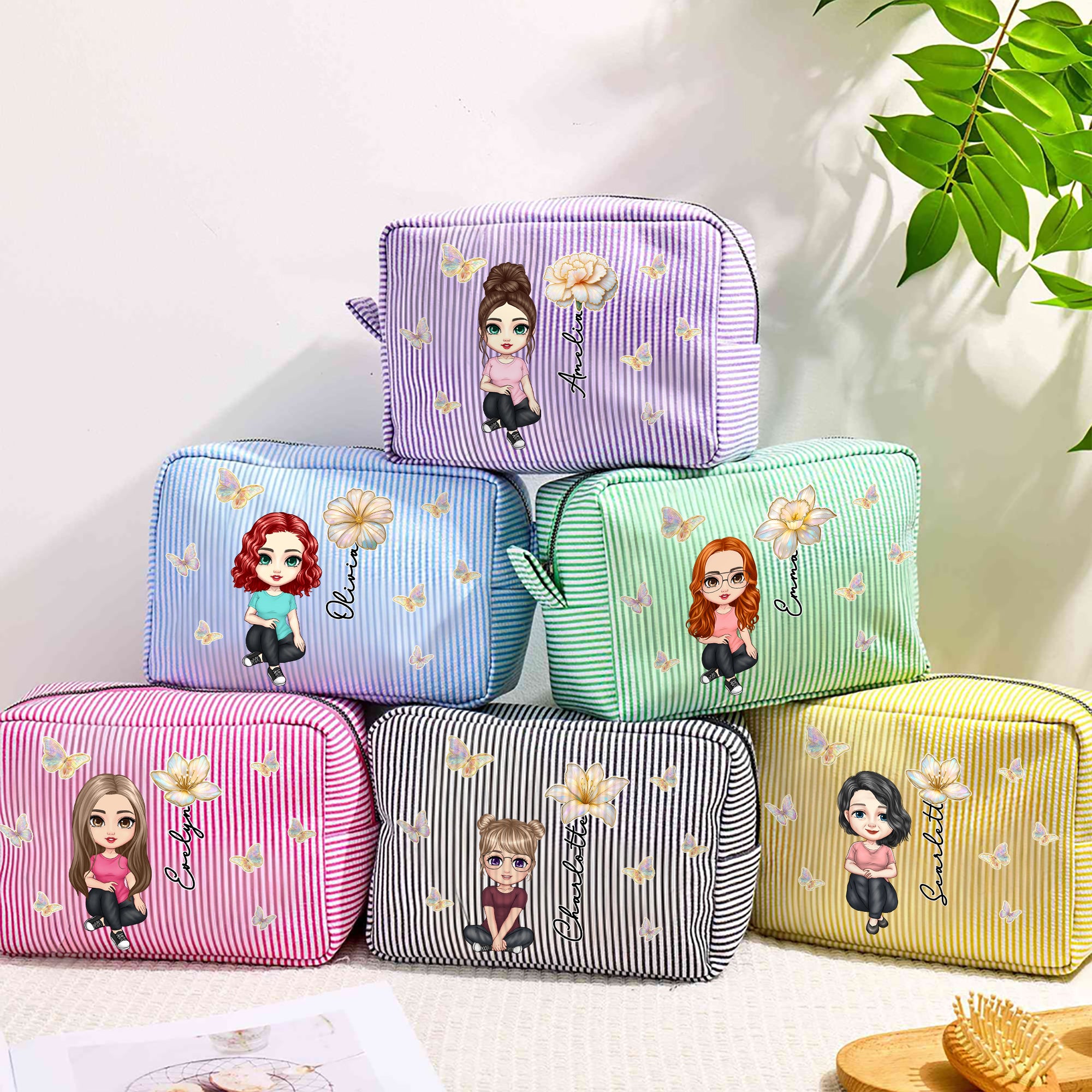 Personalizado Multicolor Nacimiento Flor Caricatura Personaje Rayas Bolsa de Maquillaje con Nombre Diario Viaje Esencial Cumpleaños Día de la Madre Regalo para Mujeres