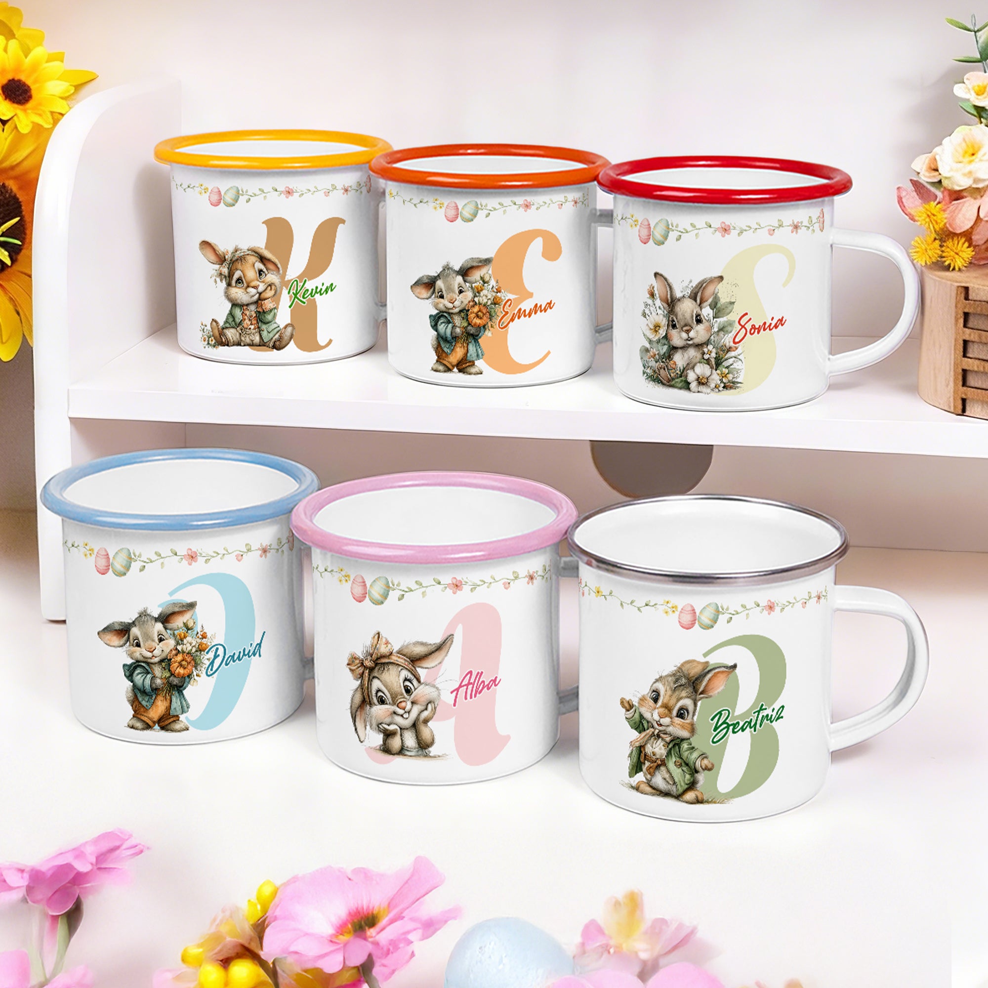 Taza esmaltada personalizada de 355 ml con borde de color nombre e inicial diseño de conejo de Pascua regalo de Pascua para niños y niñas