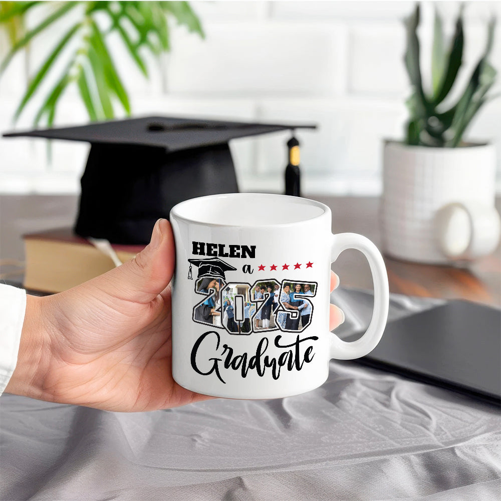 Personalizado Cinco Estrellas 2025 Graduado Foto Collage 11 oz 15 oz Taza de café de cerámica con nombre de Graduación Keepsake Fiesta de Regalo para Graduados