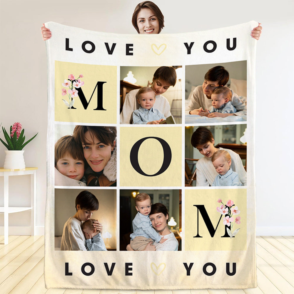 Personalizado Love You Mom 6 Foto Collage Suave manta con nombre Decoración del hogar Día de la Madre Regalo para mamá Abuela