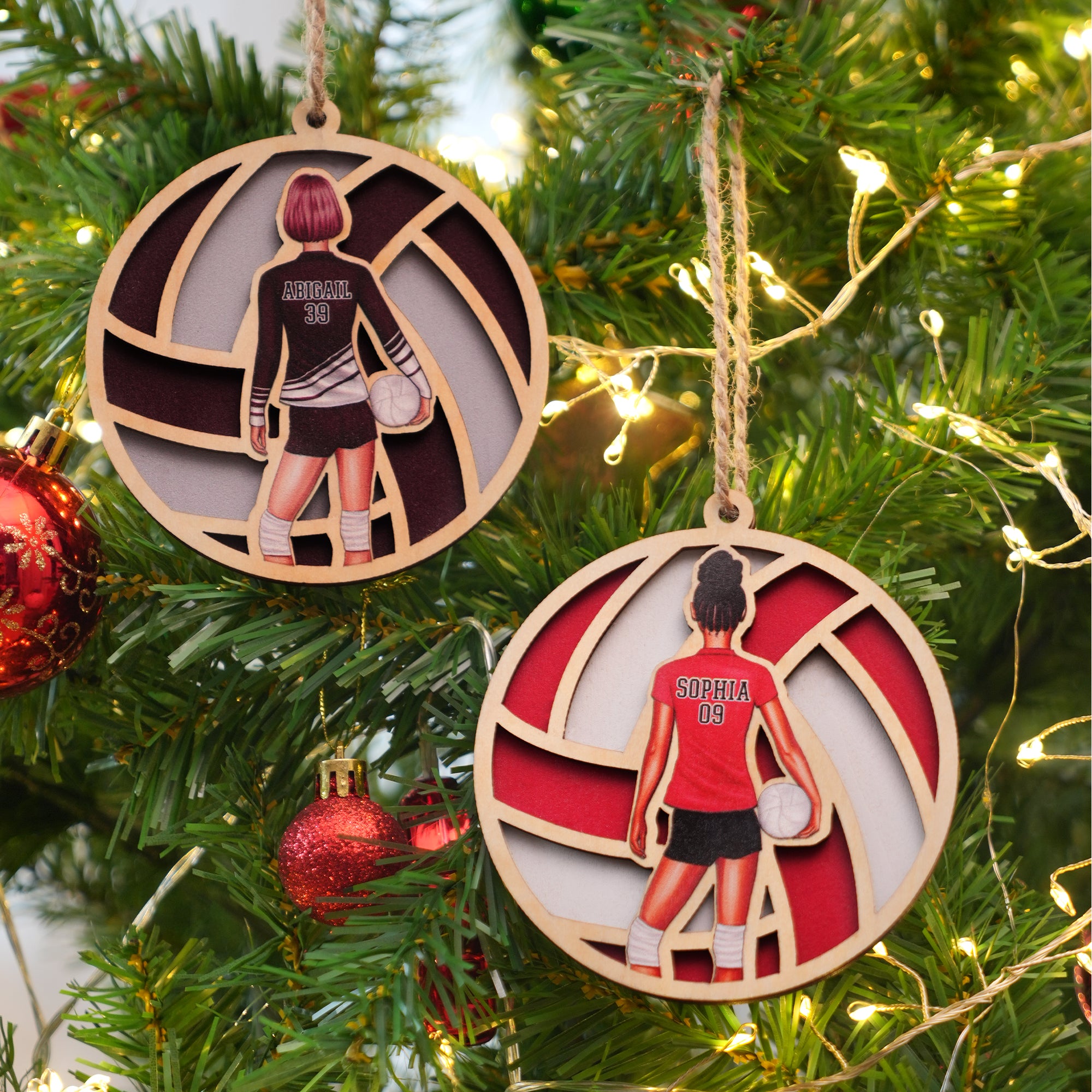 Adorno de madera personalizado con nombre y número de atleta de voleibol de dibujos animados Espíritu deportivo Equipo Regalo de cumpleaños para los amantes de los jugadores de voleibol