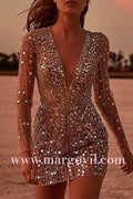 V Neck Mesh Sequin Mini Club Dress