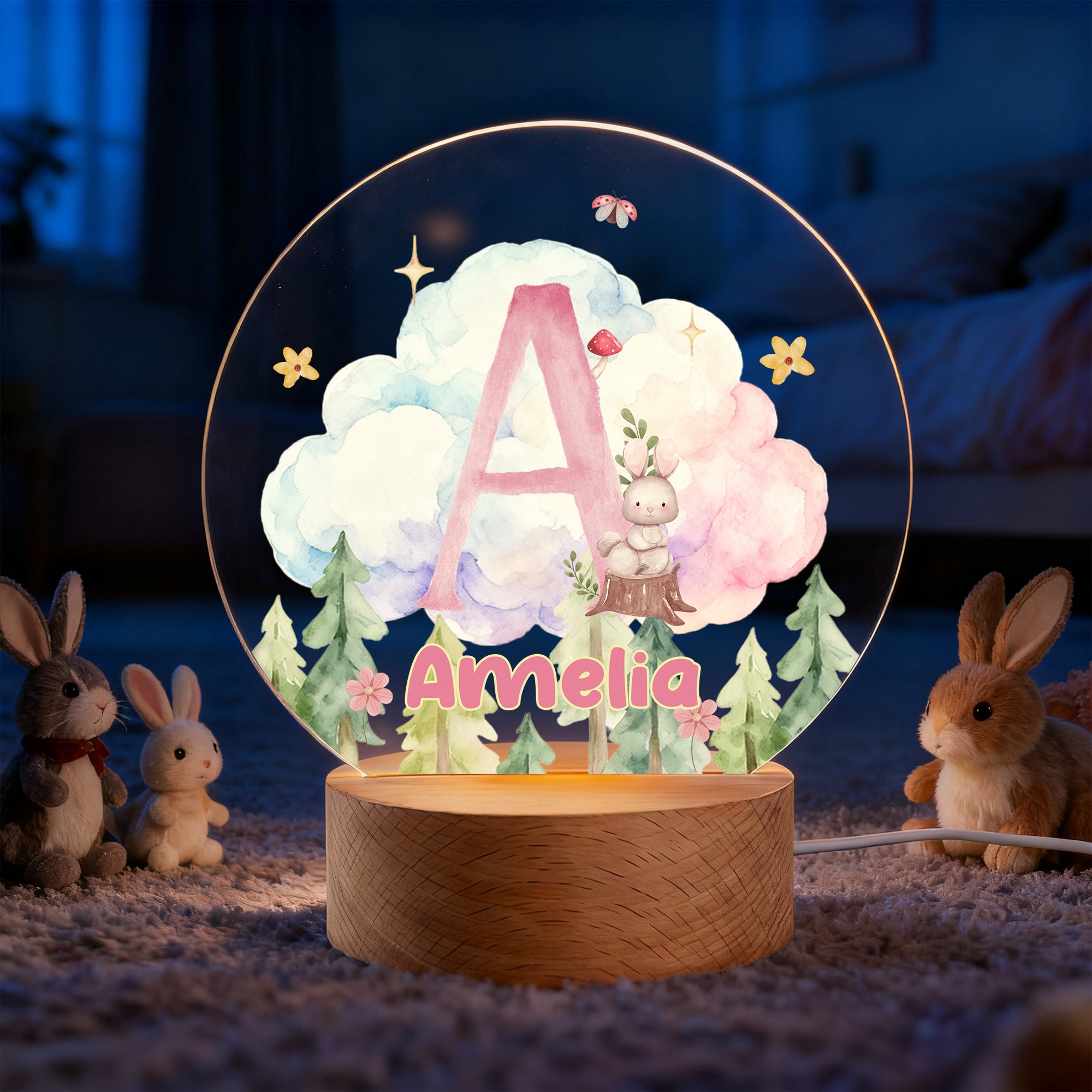 Guirnalda personalizada de animales del bosque y nubes Luz de noche LED acrílica con iniciales y base de madera Decoración de guardería Regalo de cumpleaños para niños Niñas