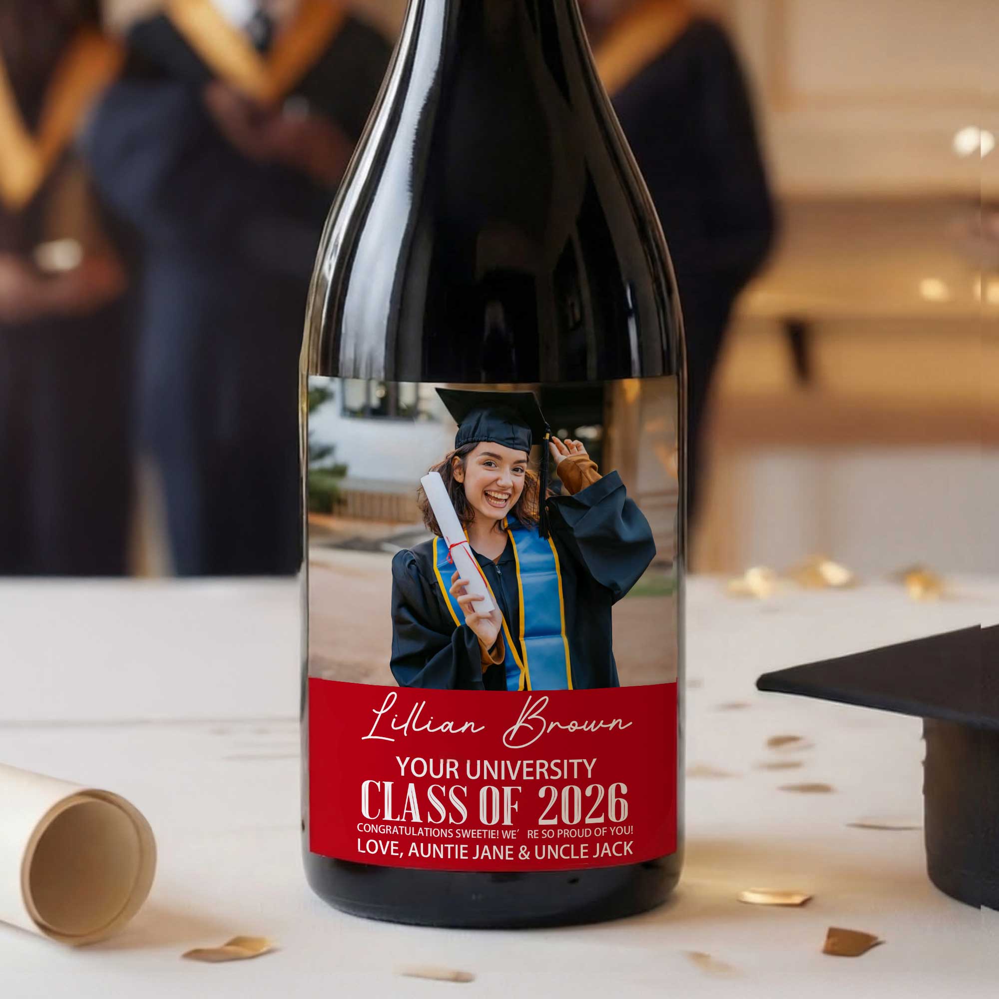 Graduación Personalizada Foto Impermeable Vino Etiquetas Adhesivas con Nombre Texto y Año Regalo de Graduación para Graduados