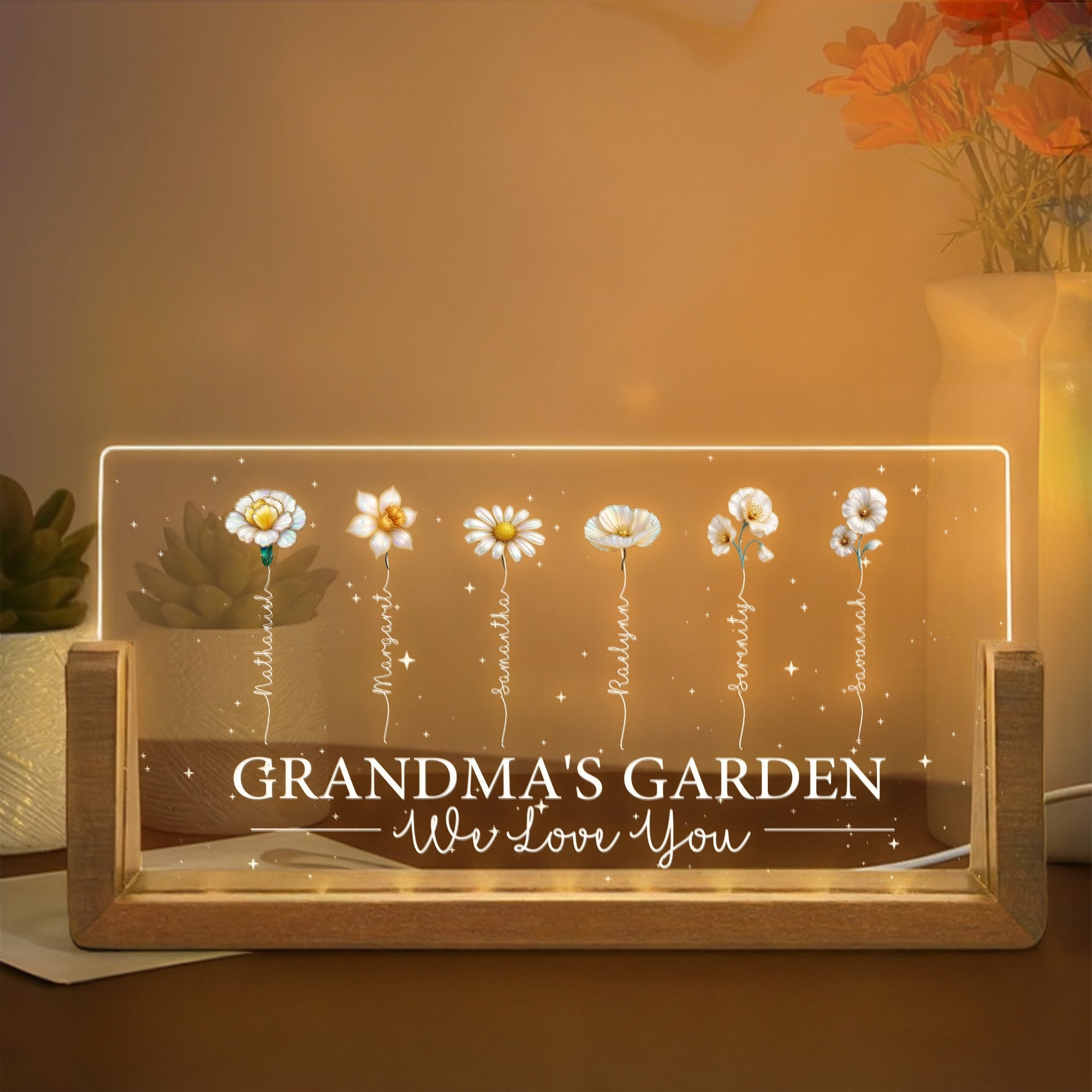 Lámpara de noche LED acrílica con base de madera y nombre Personalizada Grandma's Garden Birth Flower Rectanglar Regalo del Día de la Madre para Mamá Abuela