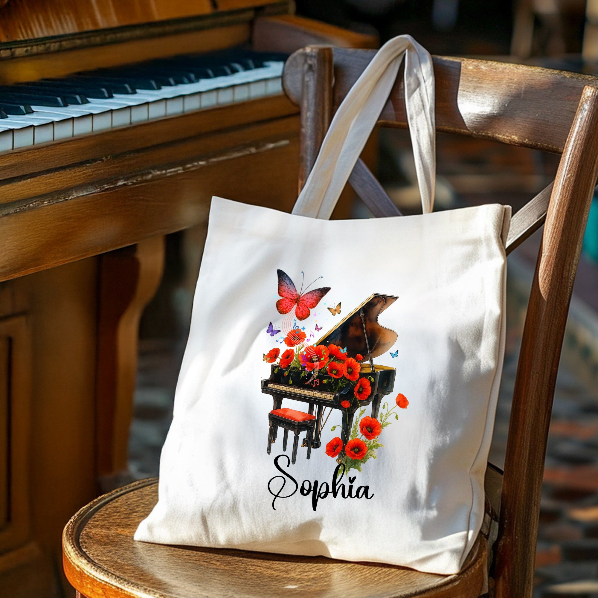Personalizada Nacimiento Flor Piano Bolsa de lona reutilizable con nombre Aniversario Anual Cumpleaños Regalo para Mujeres Amantes de la Música
