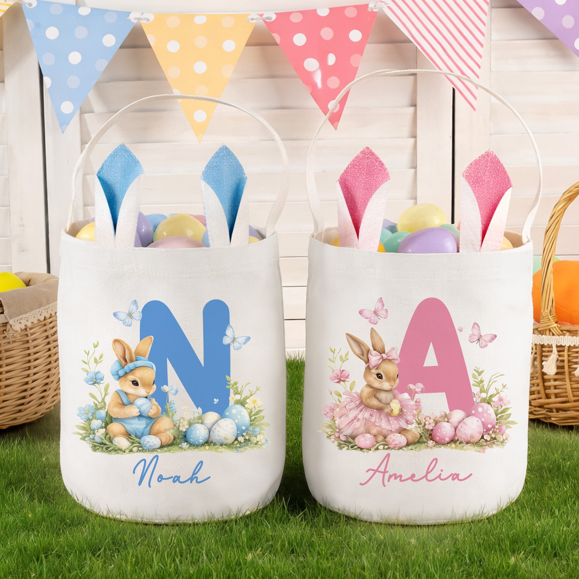 Personalizado lindo conejo flor mariposa inicial conejito orejas cesta de Pascua con el nombre de los huevos de caza fiesta favor de Pascua regalo para los niños