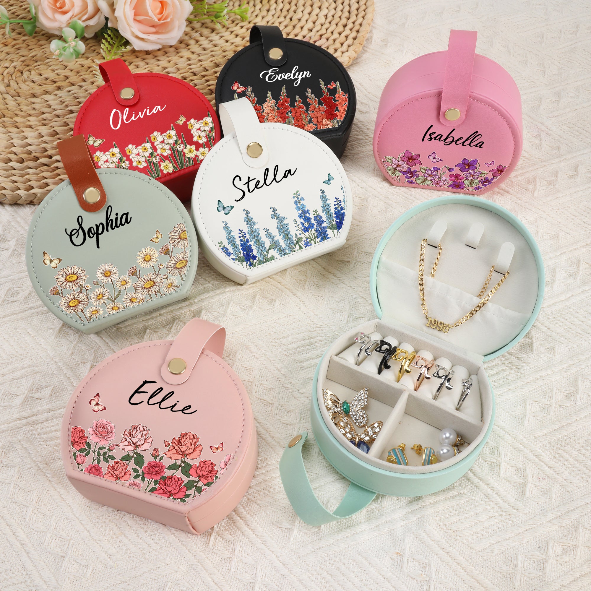 Personalizado Multicolor Nacimiento Flor Mariposa PU Cuero Joyero de mano con nombre Día de la Madre Regalo de cumpleaños para las mujeres