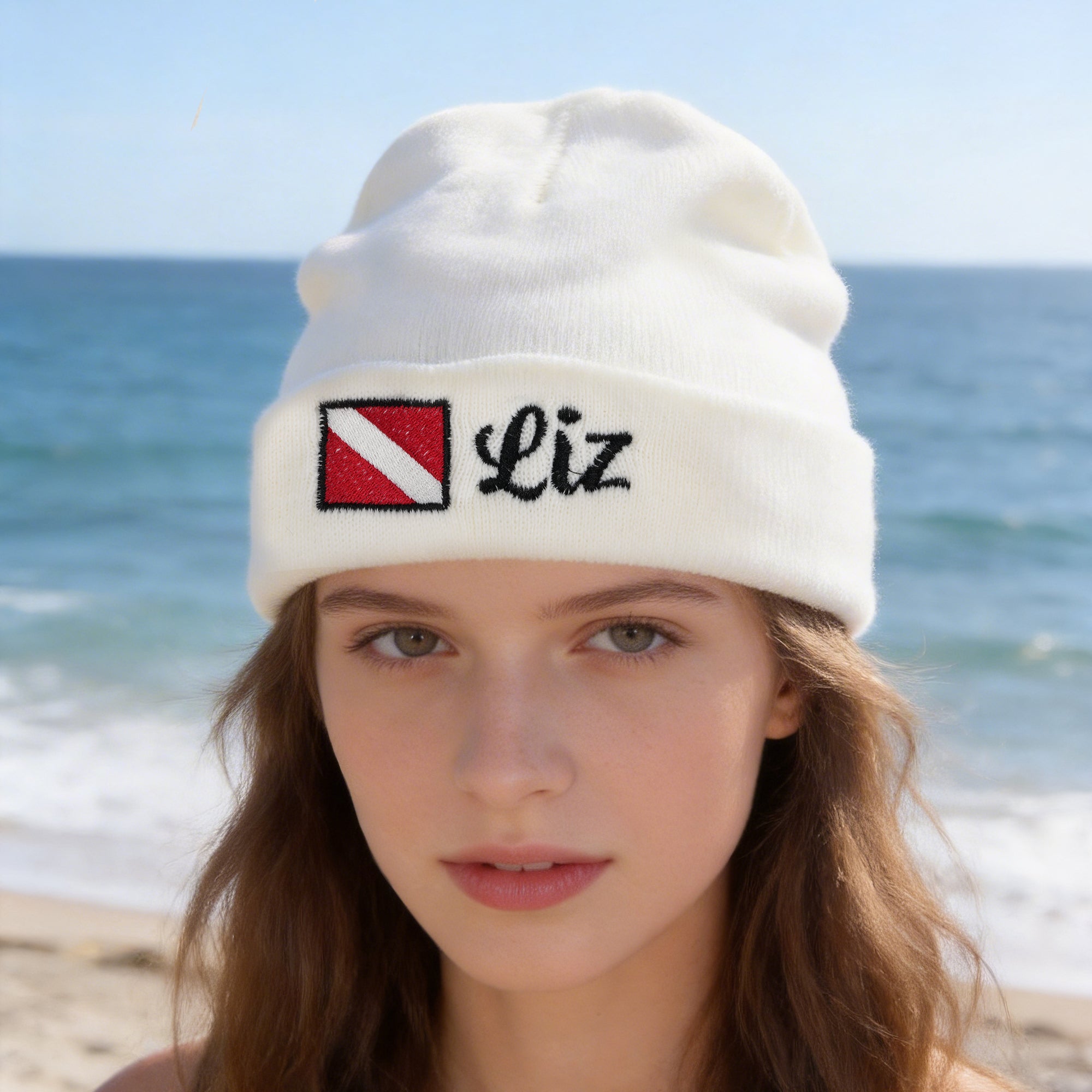 Gorro de punto bordado personalizado con bandera de submarinismo y nombre Accesorio de submarinismo Cumpleaños Uso diario Regalo para amantes del submarinismo