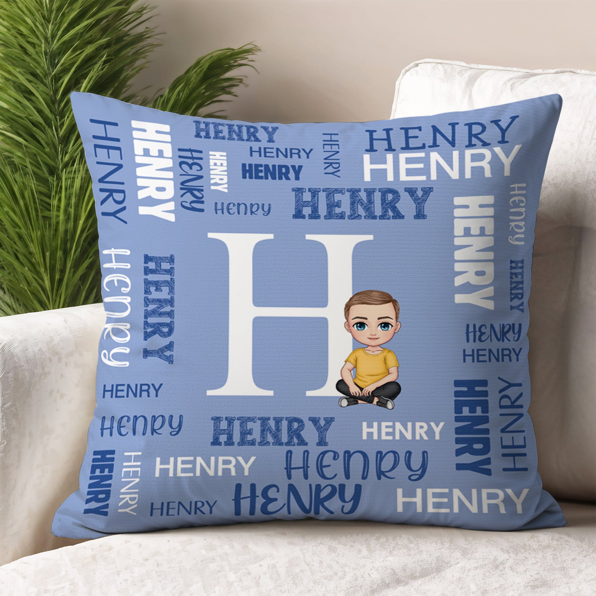 Personalizado Cartoon Carácter Word Cloud Throw Pillow Cover con Inicial y Nombres Home Decor Cumpleaños Aniversario Regalo para la Familia Niños