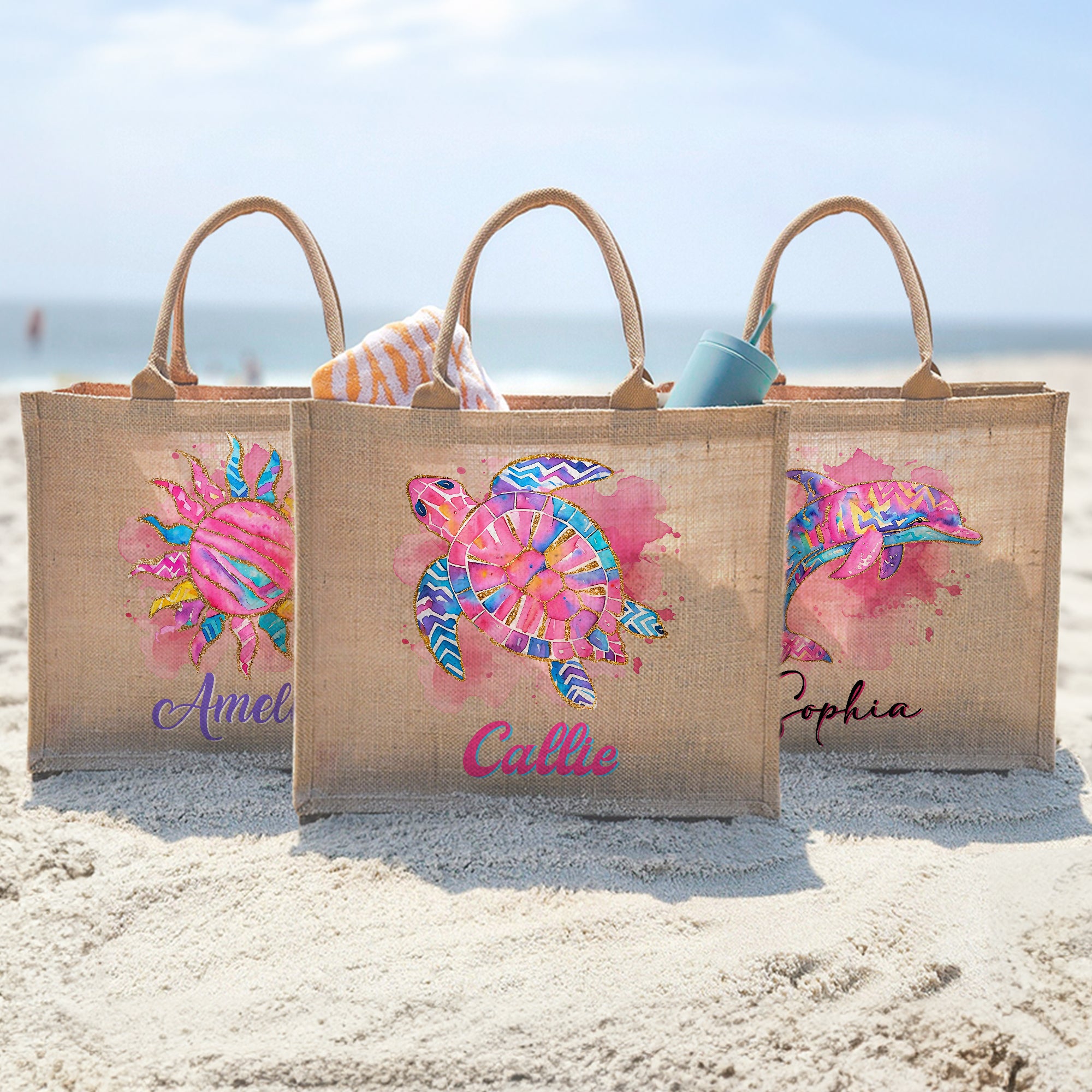 Acuarela personalizada Tortuga marina Delfín Animales del océano Bolsa de yute grande con nombre Accesorio de viaje Fiesta en la playa Regalo de cumpleaños para mujer