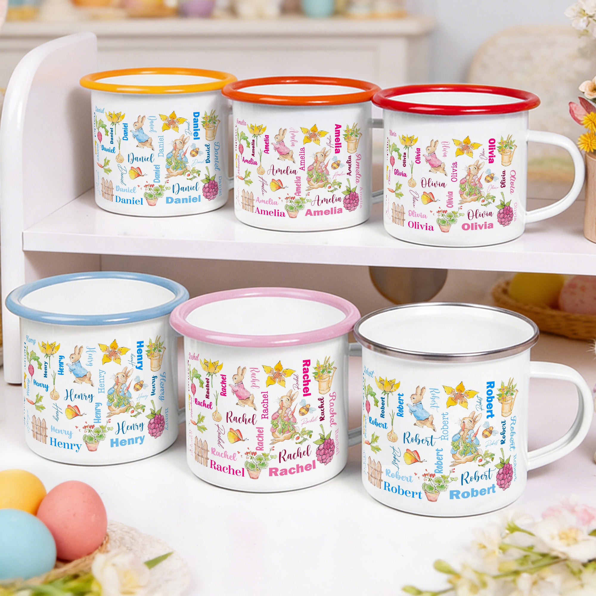 Personalizada acuarela linda Pascua Peter Rabbit Conejito Word Cloud 12 oz Taza de esmalte con el nombre de Pascua de vuelta a la escuela Regalo de cumpleaños para los niños