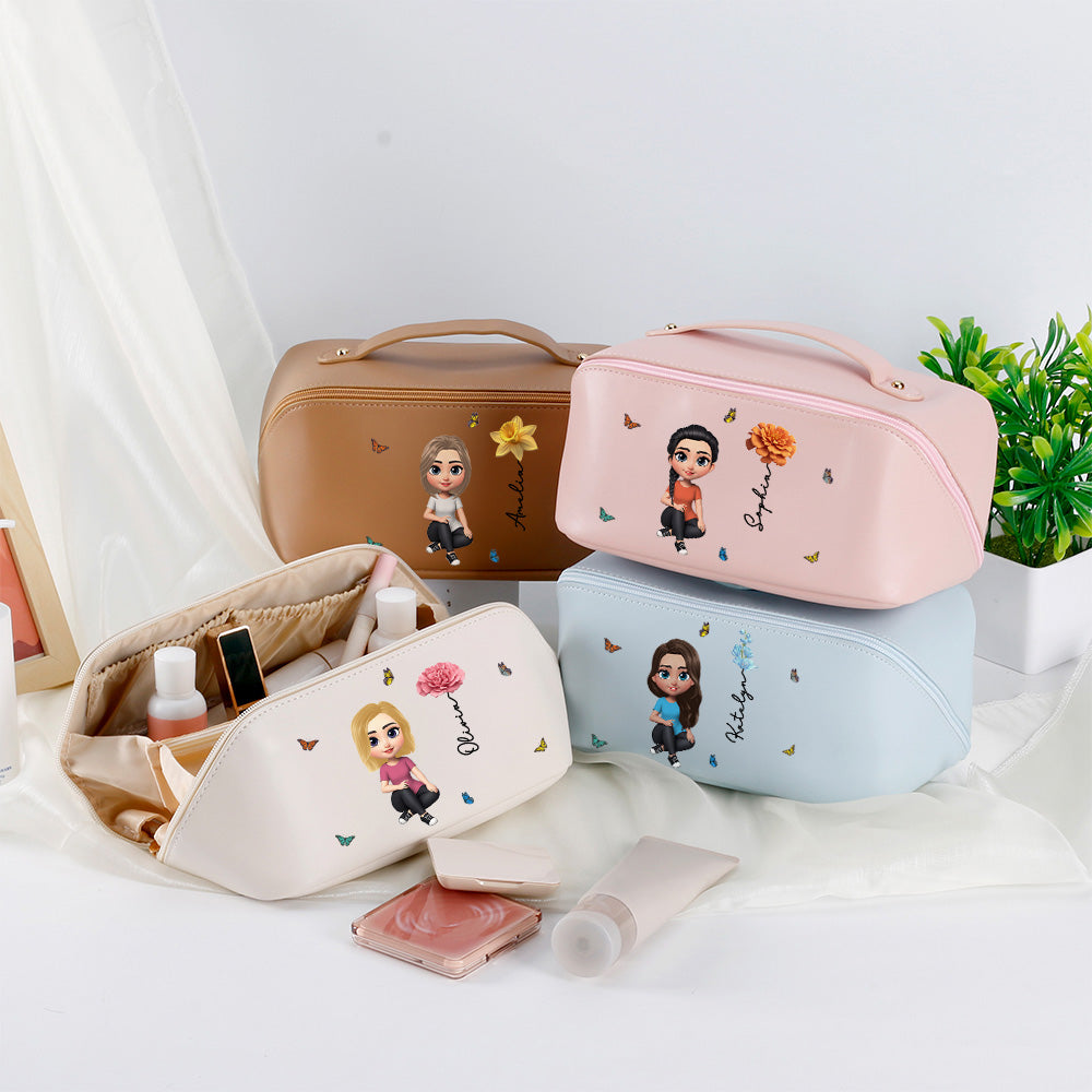 Personalizado Nacimiento Flor 3D Dibujos animados Chica PU Cuero Bolsa de maquillaje portátil de ancho abierto con nombre Accesorios de viaje Regalo de cumpleaños para las mujeres