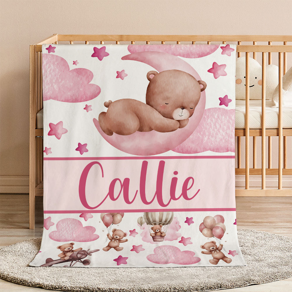 Oso Durmiente Personalizado Nube Luna Estrella Suave Manta con Nombre Decoración del Hogar Regalo de Cumpleaños para Adolescentes Niños