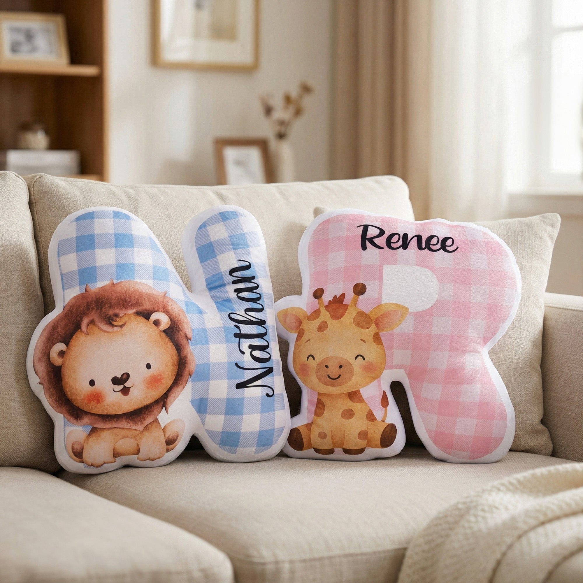 Personalizado lindo animal de dibujos animados a cuadros en forma de inicial almohada decoración del hogar regalo de cumpleaños para niños niñas