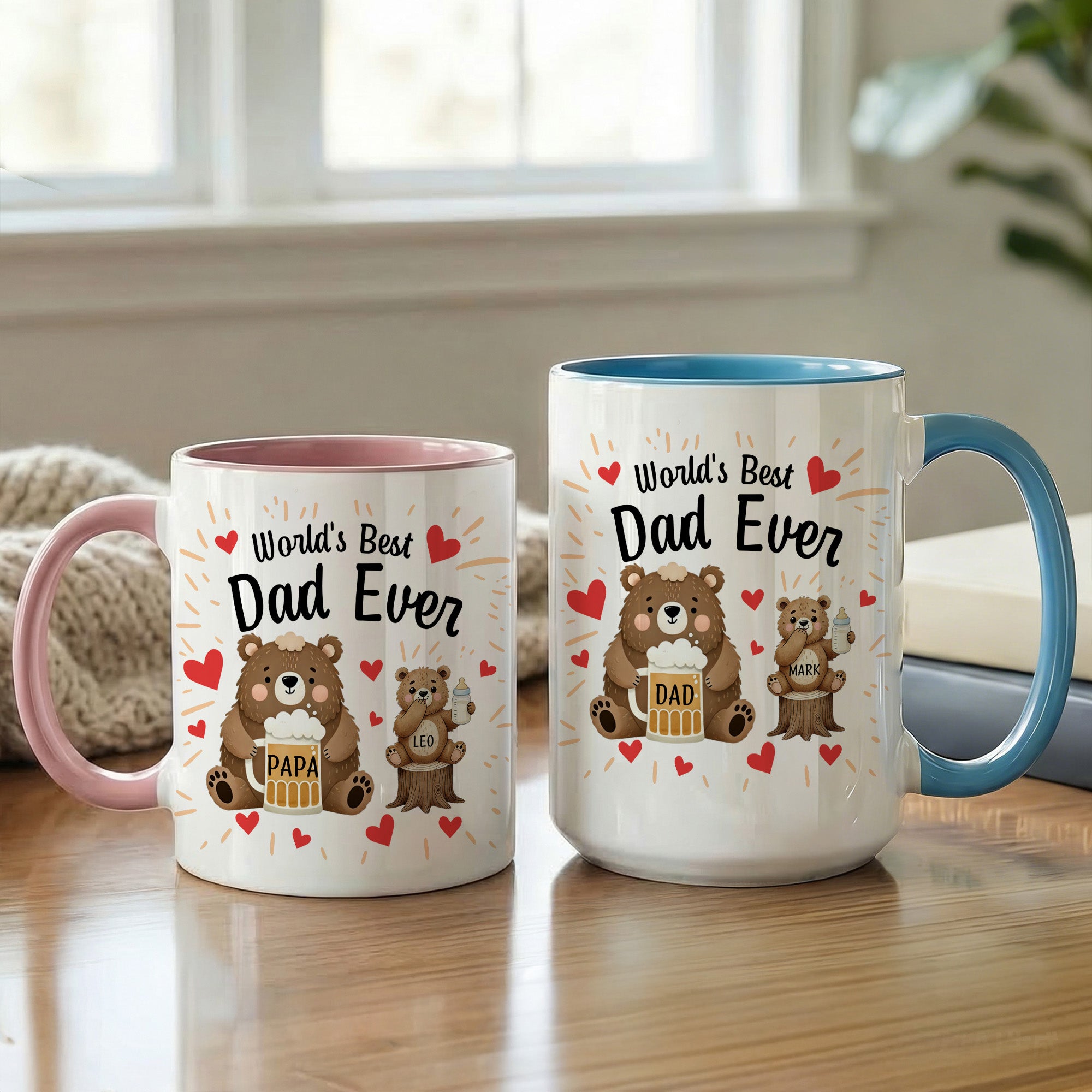 Taza de cerámica con nombre y posavasos personalizada con diseño de oso de papá y bebé 11 oz 15 oz Día del Padre Regalo de cumpleaños para papá