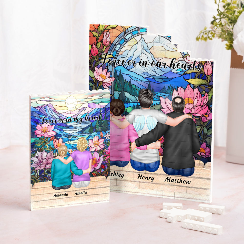 Personalizado Cartoon Family Character Stained Glass Building Brick Puzzles con nombre y texto Birthday Memorial Gift for Family Friends