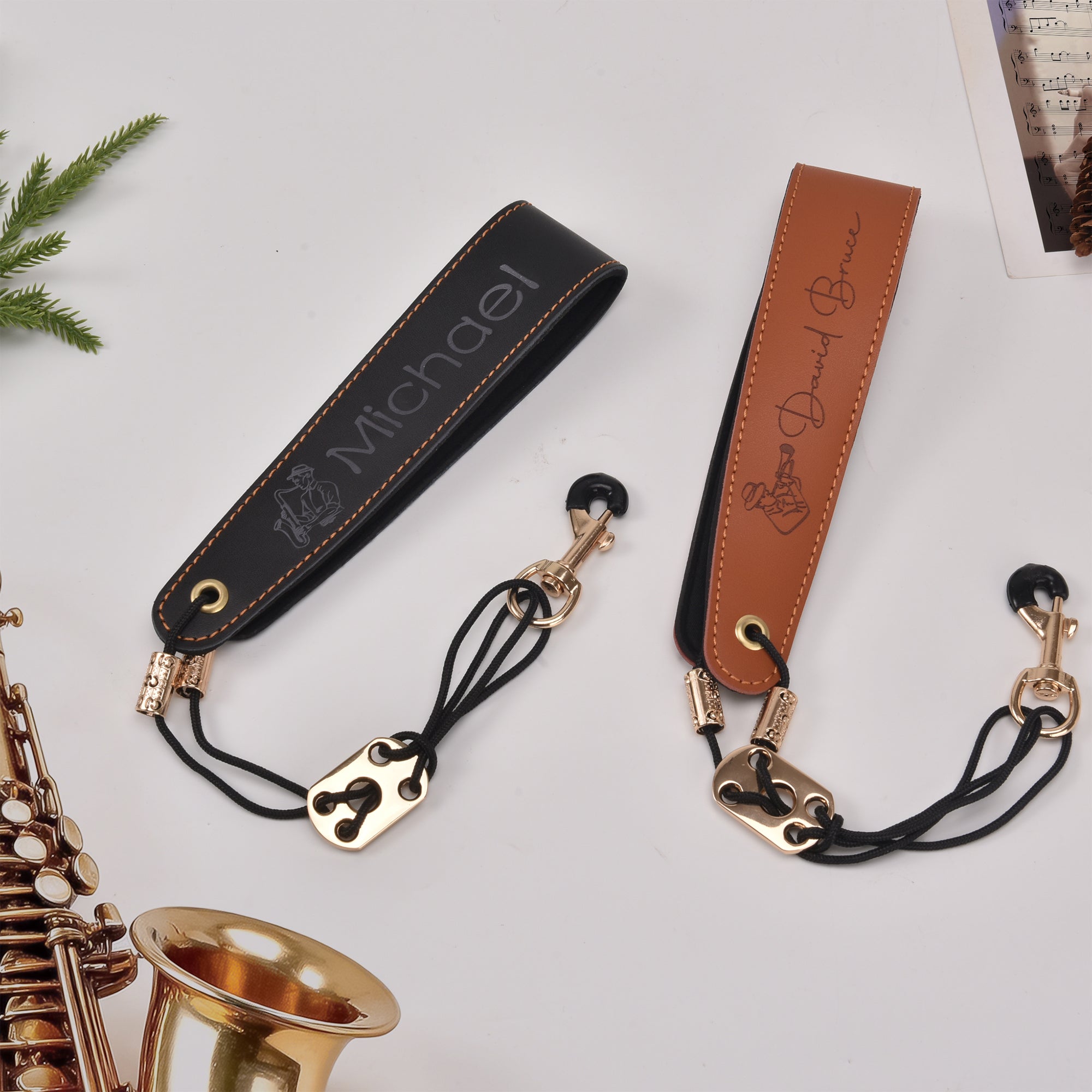 Personalizado multi-patrón de cuero de la PU ajustable instrumentos de viento correa para el cuello con el nombre de rendimiento saxofón clarinete accesorios de regalo para el músico