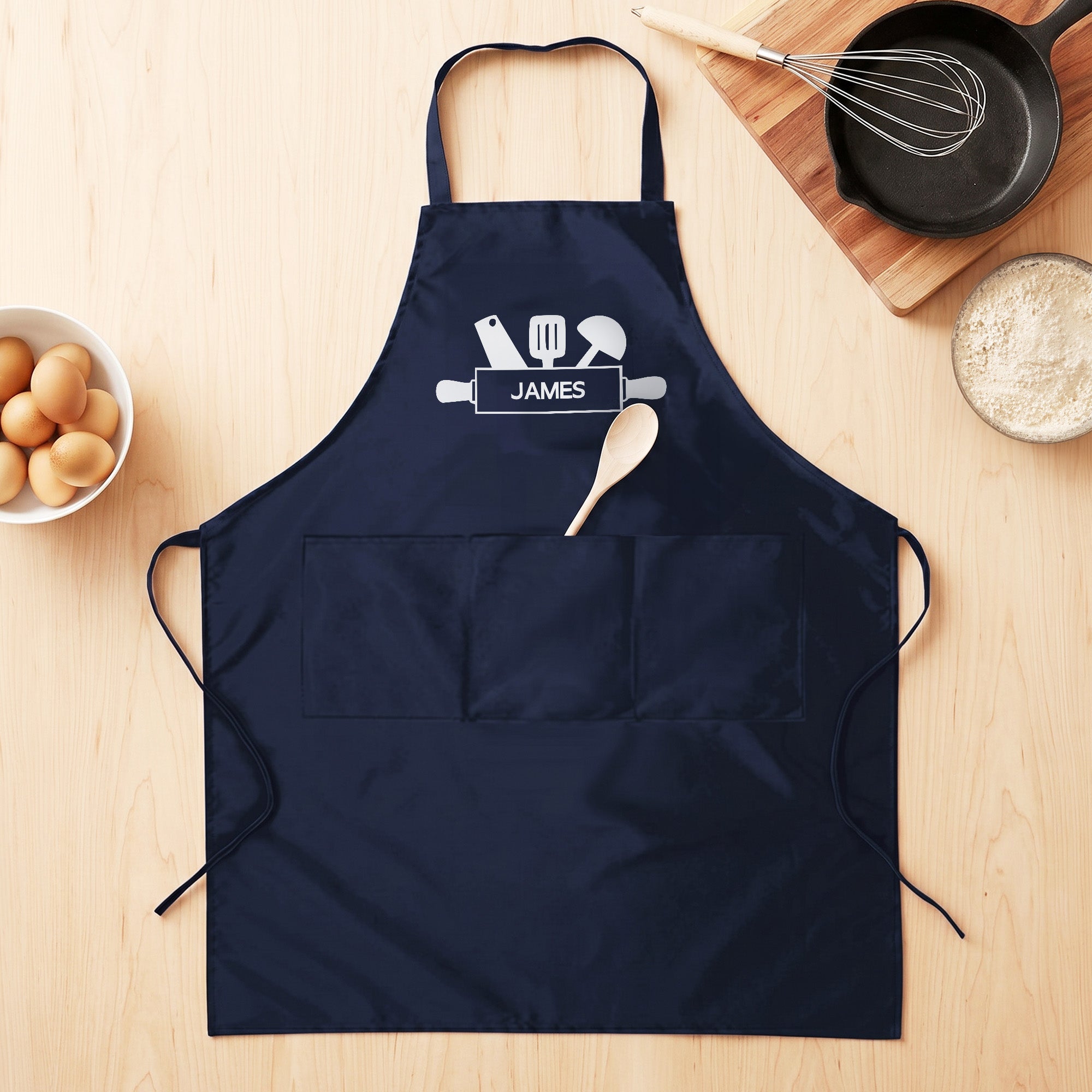 Delantal de cocina impermeable con bolsillos y nombre Personalizado Multicolor Baking Kitchenware Pattern Regalo de cumpleaños para el Día del Padre para los amantes de la cocina y la repostería