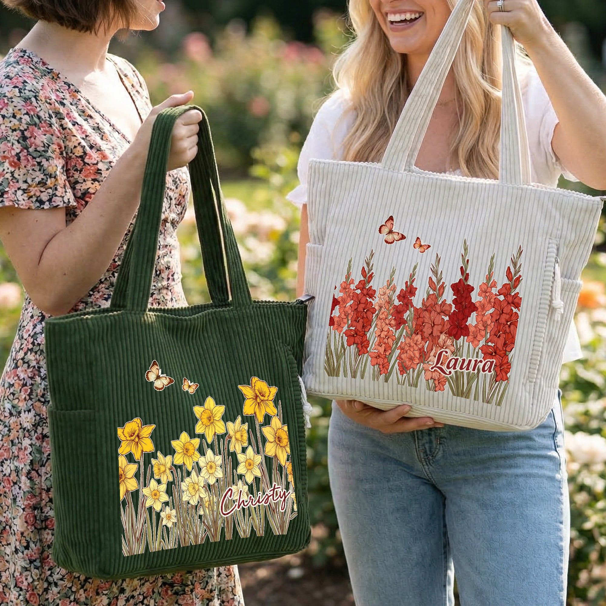 Bolso tote de gran capacidad personalizado de pana con flor de nacimiento mariposa nombre y bolsillos laterales regalo de cumpleaños para mujeres