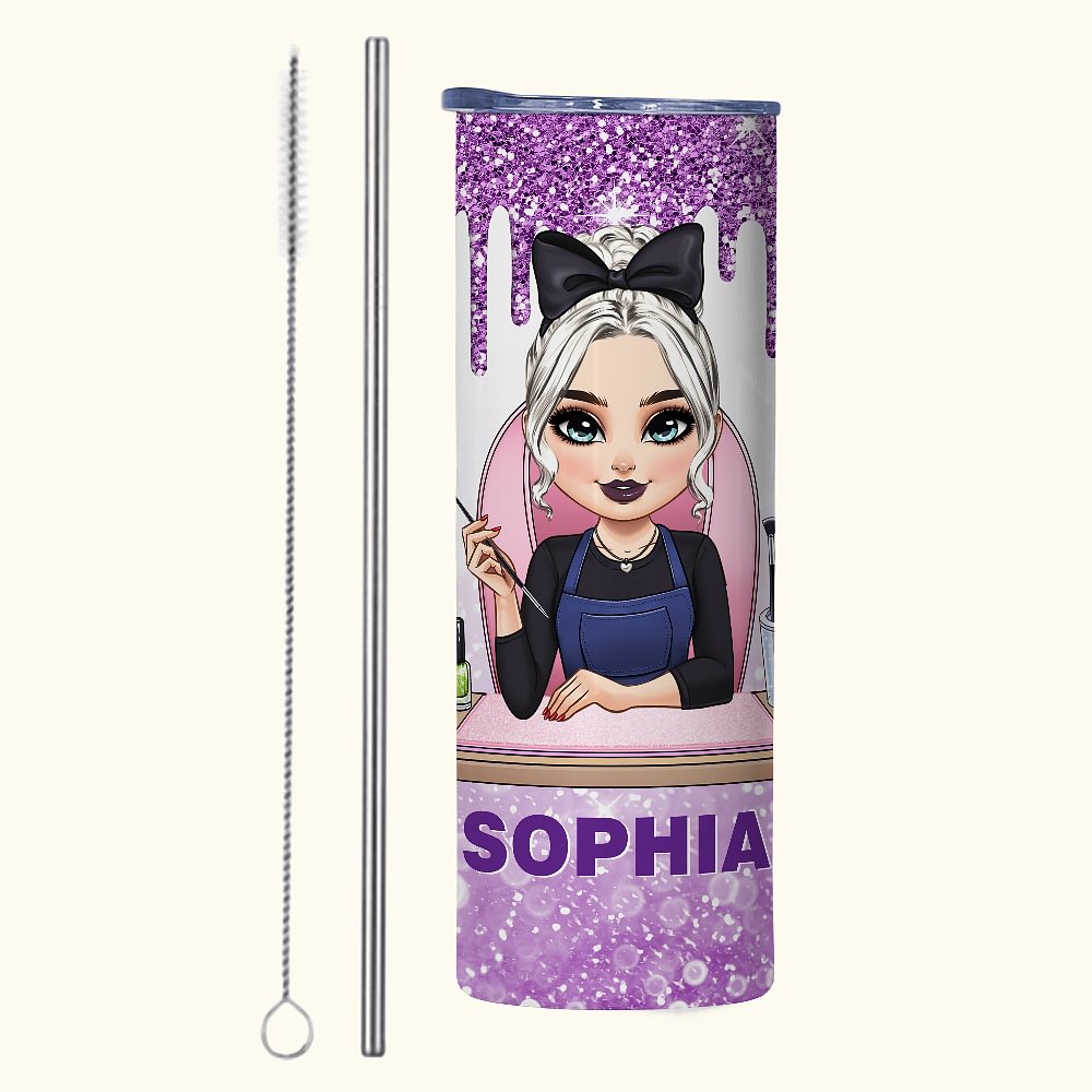 Vaso recto personalizado de 20 oz con nombre y pajita para manicurista de dibujos animados Regalo de inauguración de un salón de belleza para técnicos de uñas