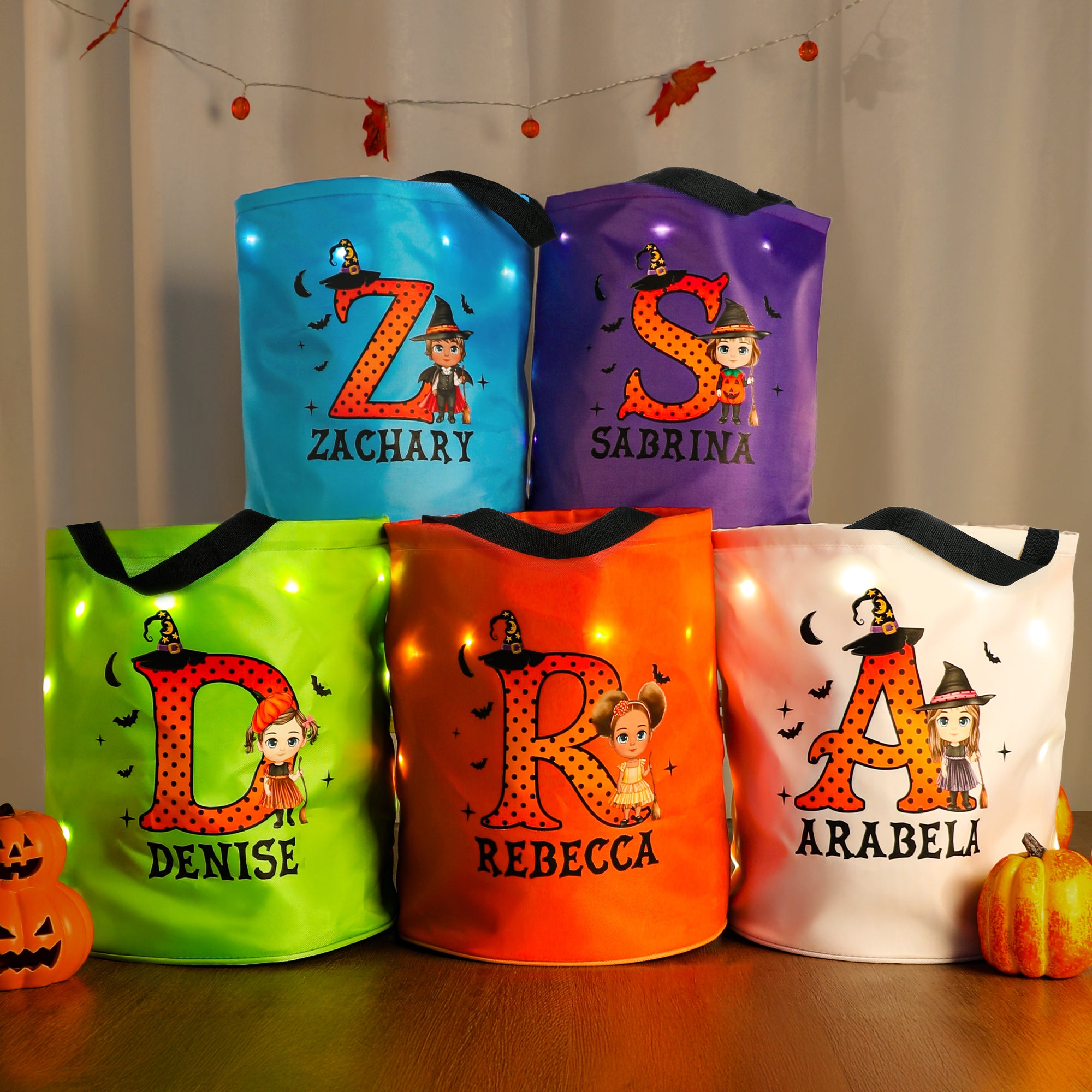 Cubo de caramelos luminoso con nombre Trick or Treat Halloween Party Gift for Girls Boys