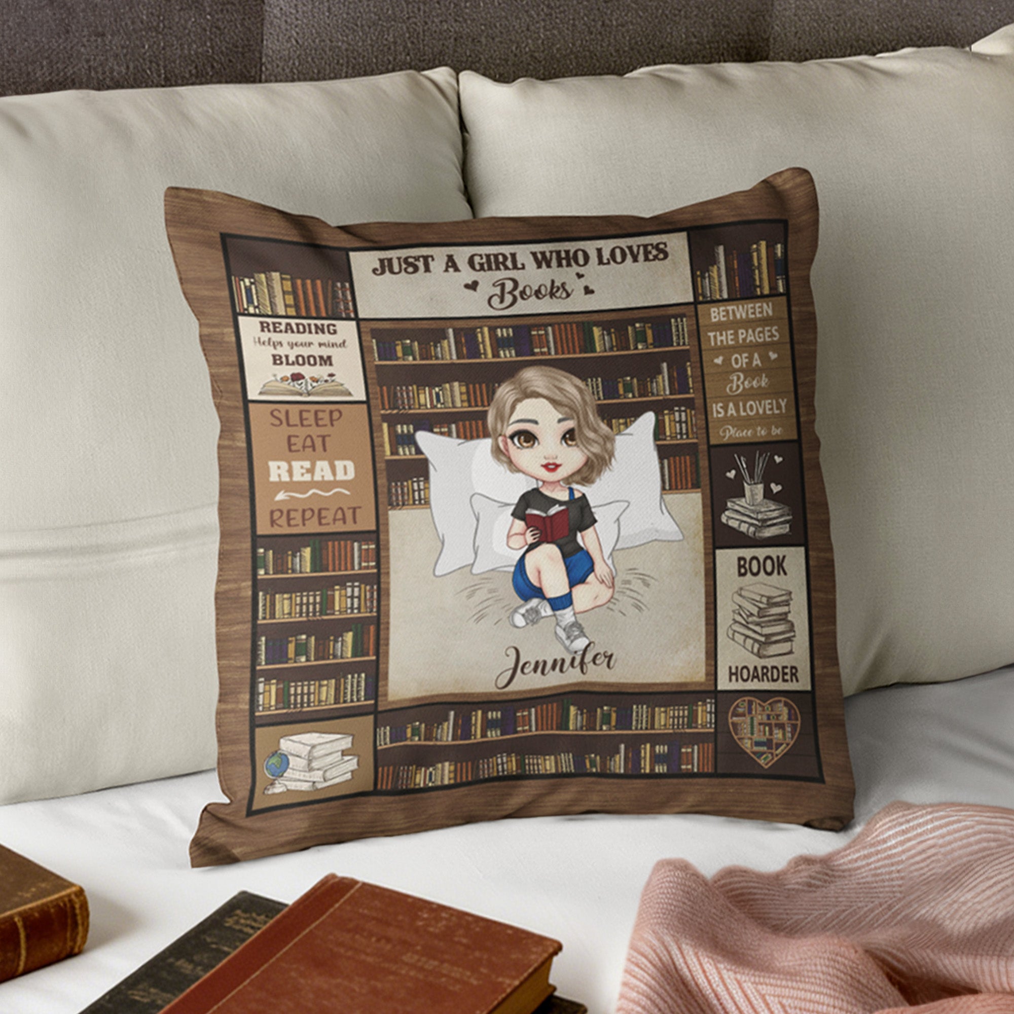 Libro Personalizado Caricatura Lectura Personaje Suave Funda de Almohada con Nombre y Título Decoración del Hogar Regalo de cumpleaños para los ratones de biblioteca