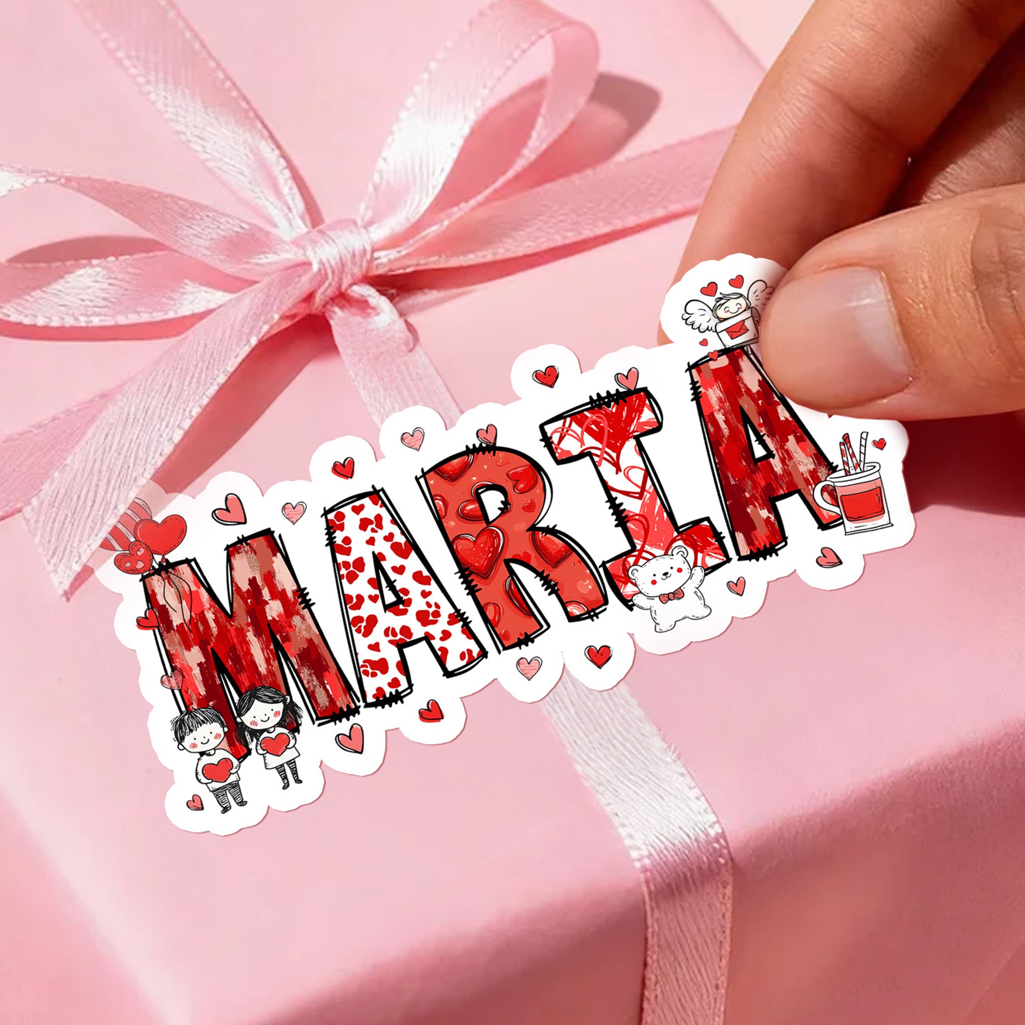 Personalizado Corazón lindo oso de dibujos animados Nombre Etiquetas adhesivas impermeables Día de San Valentín Regalo de cumpleaños Decoración Favores para Mujeres Hombres