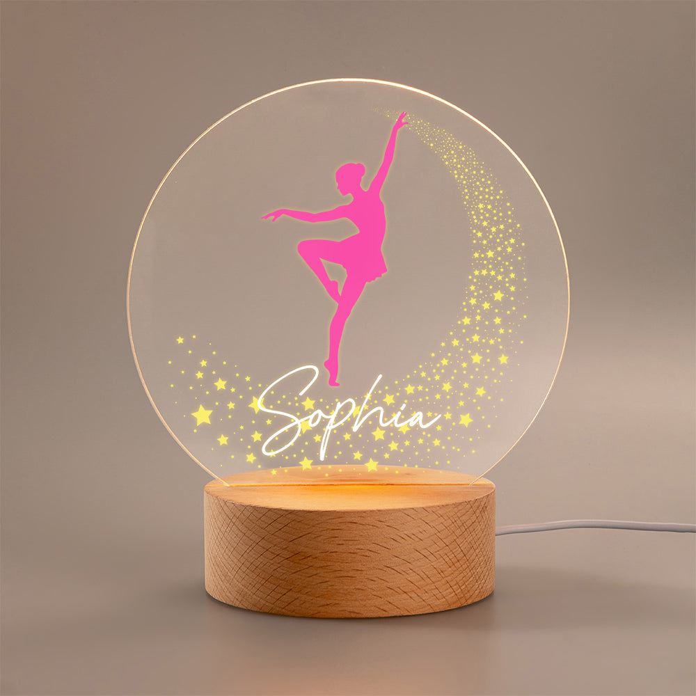 Luz nocturna LED acrílica con silueta de bailarina multicolor personalizada con base de madera y nombre Decoración de habitación Regalo de cumpleaños para bailarinas