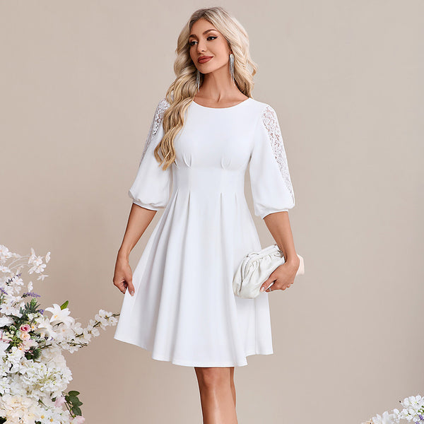 Bridal Wedding Dress White 3 4 Sleeve Short Scoop A-line