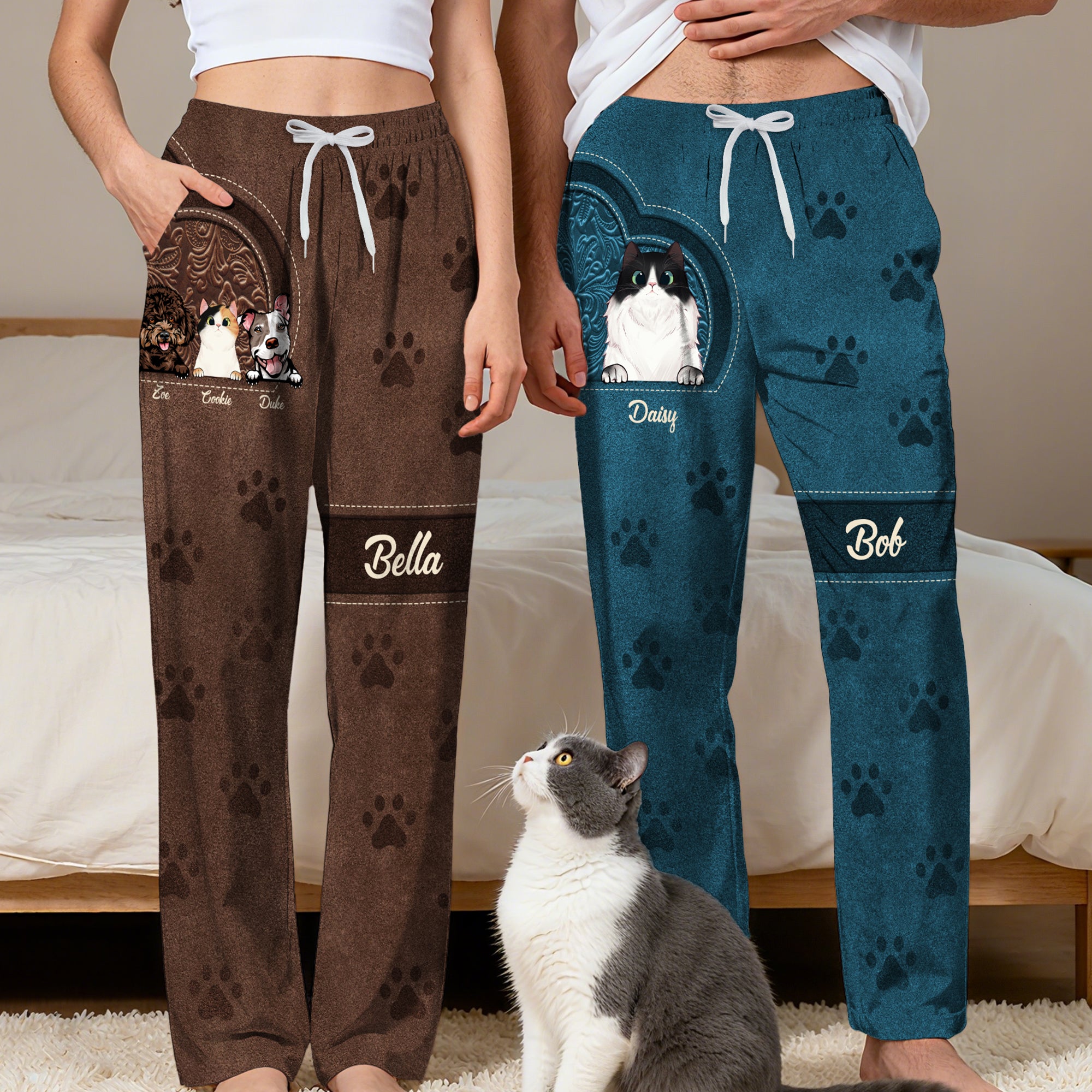 Personalizado Multi-Color Retro Cartoon 1-6 Perros Gatos Pijama Pantalones con Nombres Homewear Birthday Gift for Pet Owners Lovers