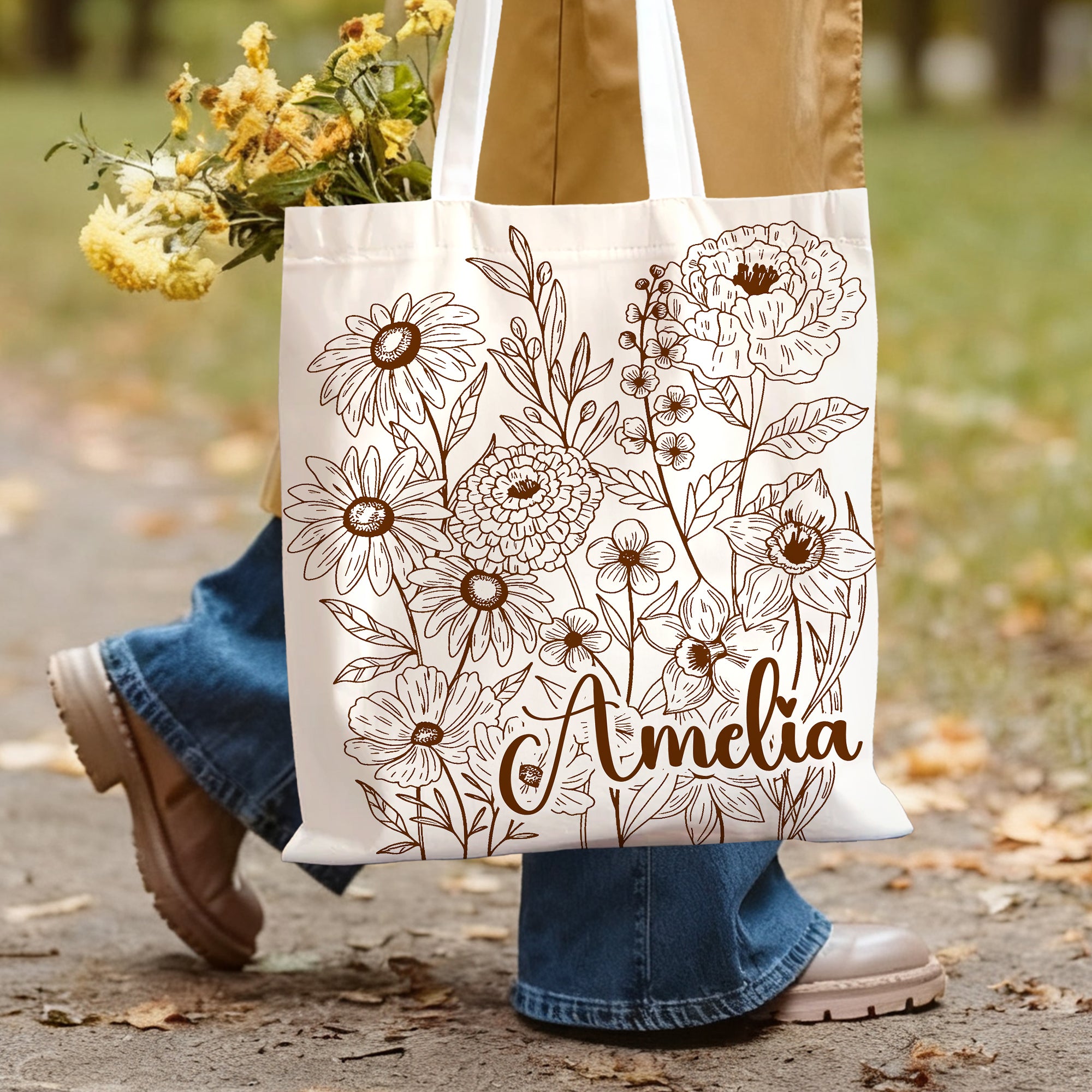 Personalizada pintada a mano Flor Bolsa Tote con nombre Uso diario Viaje Regalo esencial Cumpleaños para mujer Niña