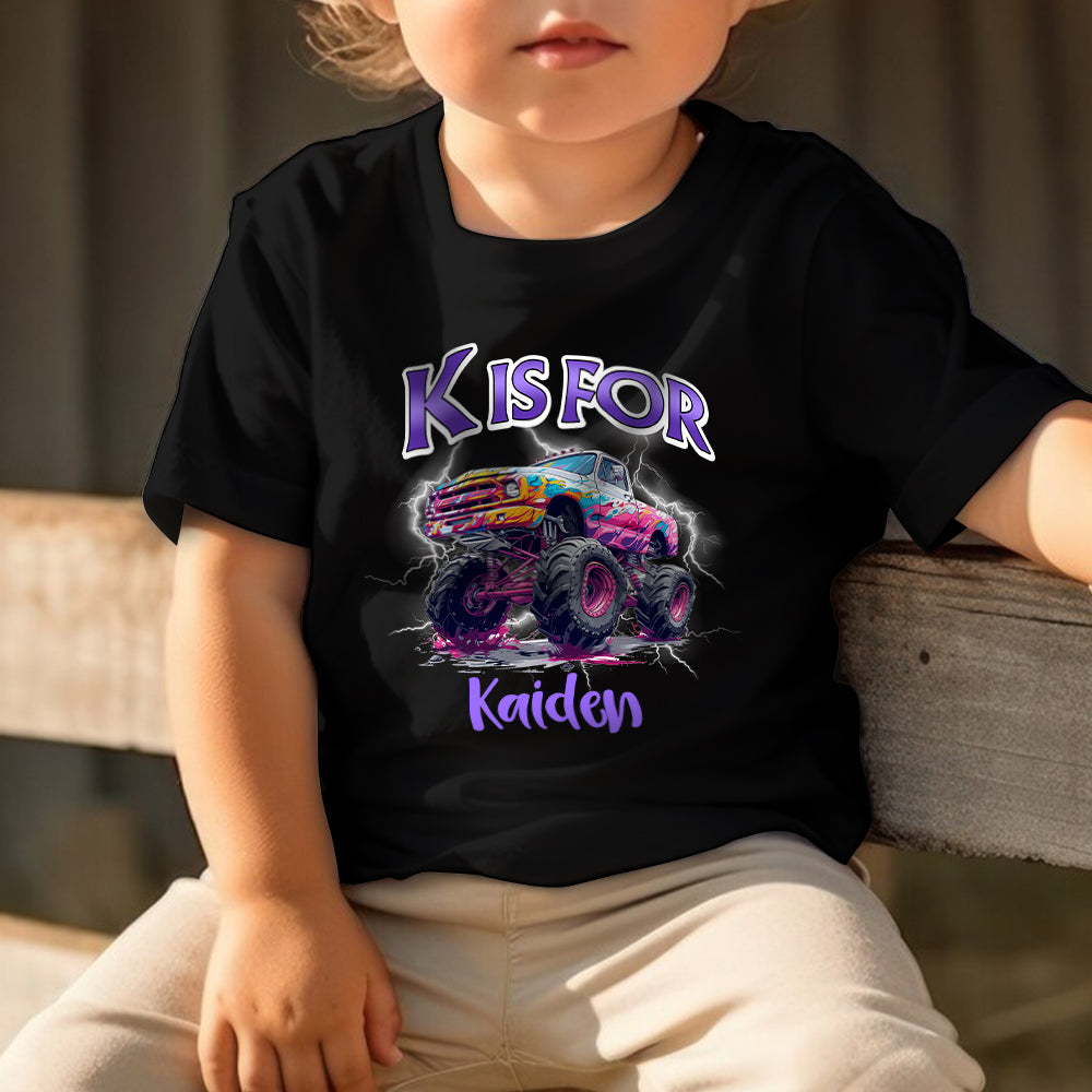 Personalizado Relámpago Extreme Stunt Truck Kid Negro Camiseta Sudadera Sudadera con capucha con el nombre y la inicial de vuelta a la escuela Regalo de cumpleaños para los niños adolescentes