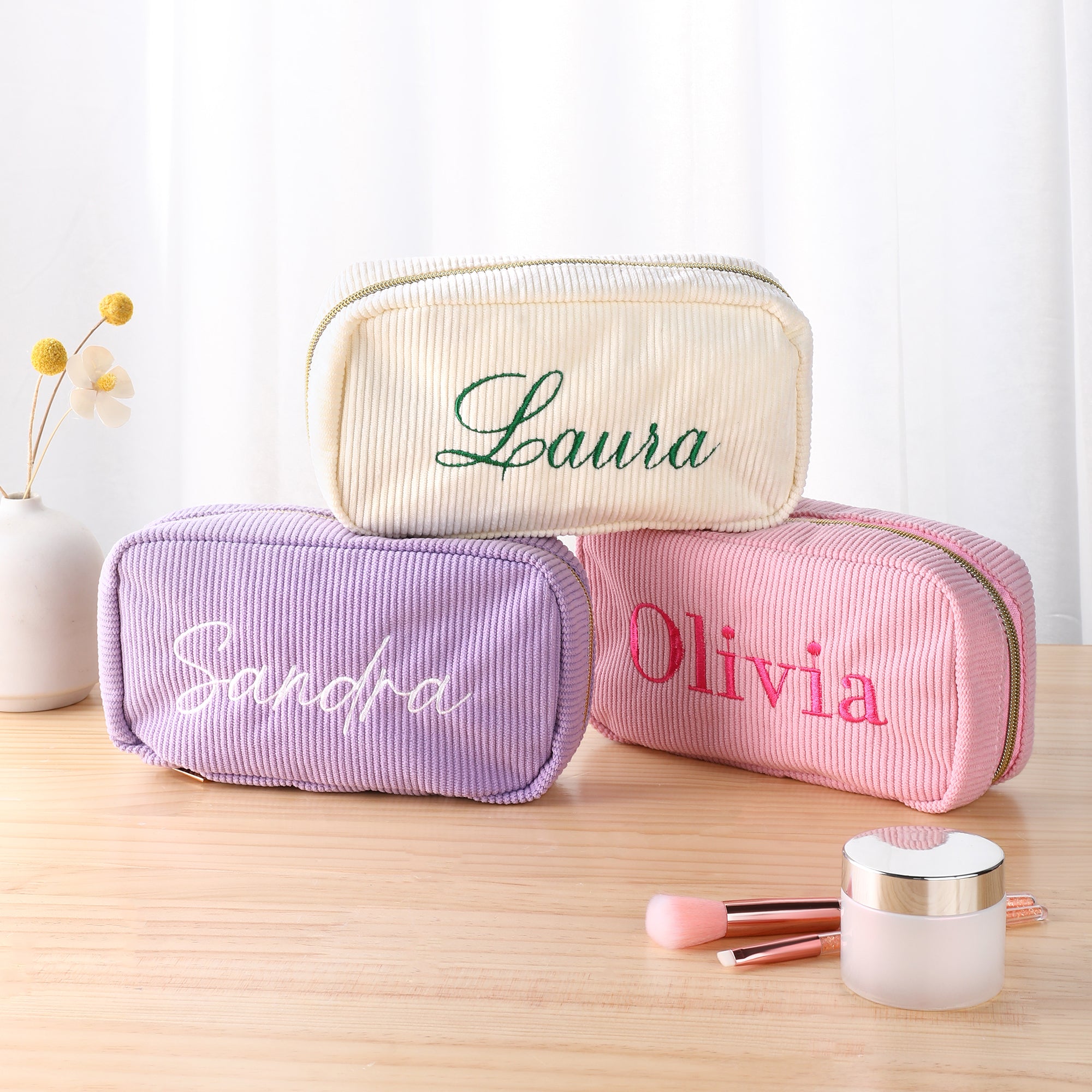 Bolso de maquillaje personalizado de pana multicolor con nombre y bordado uso diario regalo de cumpleaños y boda para mujeres